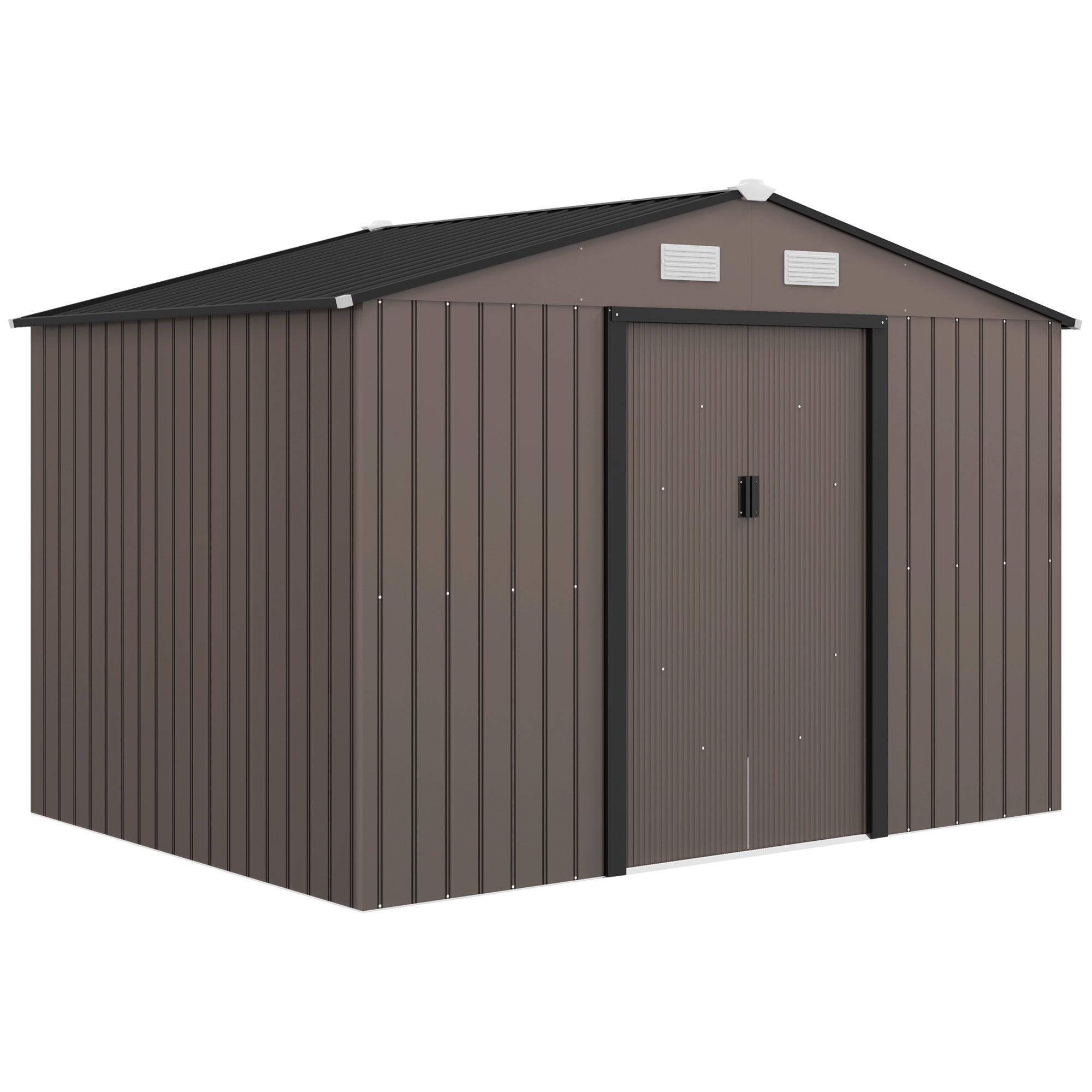 Outsunny Caseta de Jardín Exterior 4,9 m², 277x195x192 cm, Cobertizo de Jardín Exterior Metálico con Puerta Corredera, Ventilación y Kit de Fundación, para Almacenamiento de Herramientas, Marrón