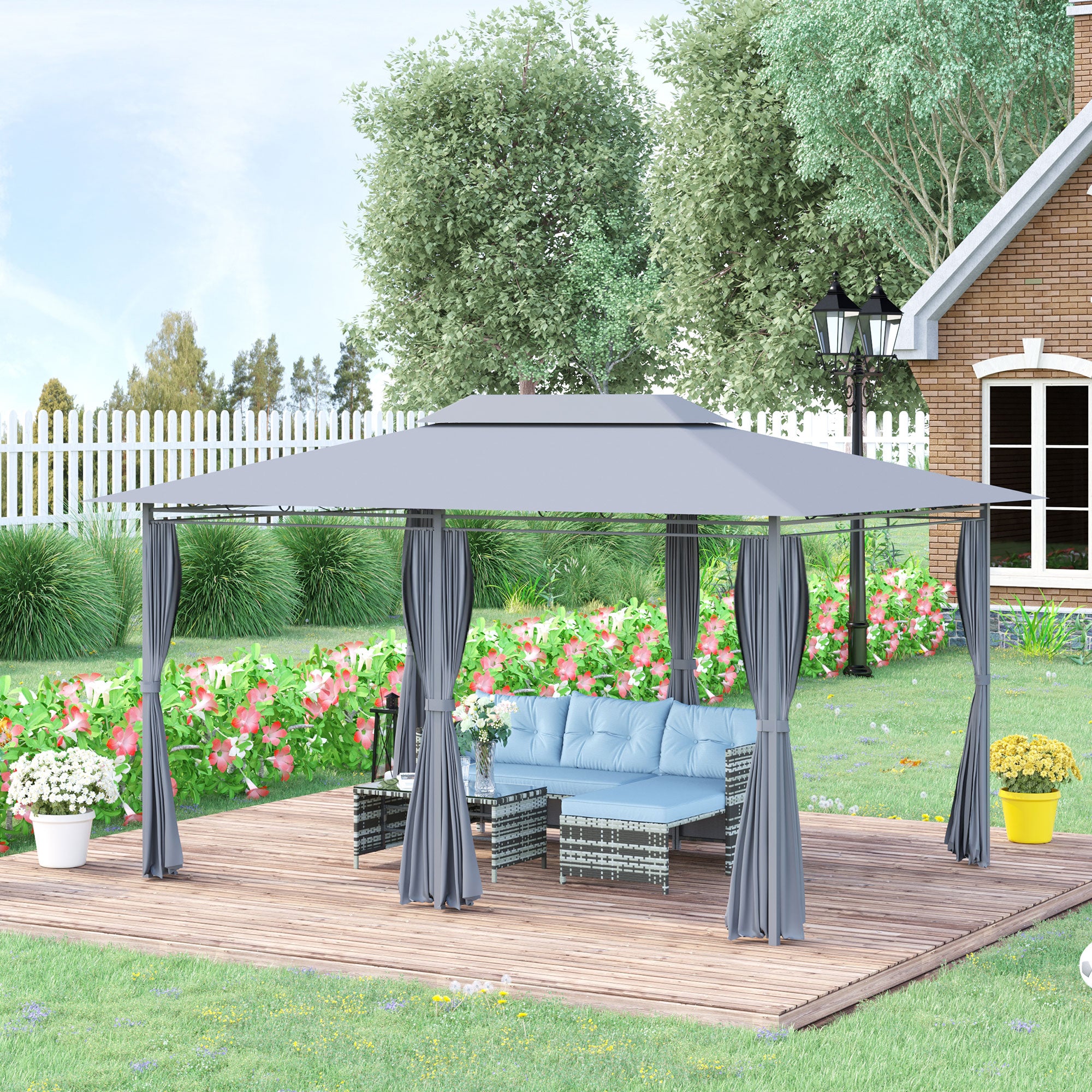 Outsunny Cenador para Jardín 3x4 m Pérgola de Jardín Gazebo con Doble Techo Paredes Laterales Resistente al Agua Carpa para Exterior Terraza Patio Gris