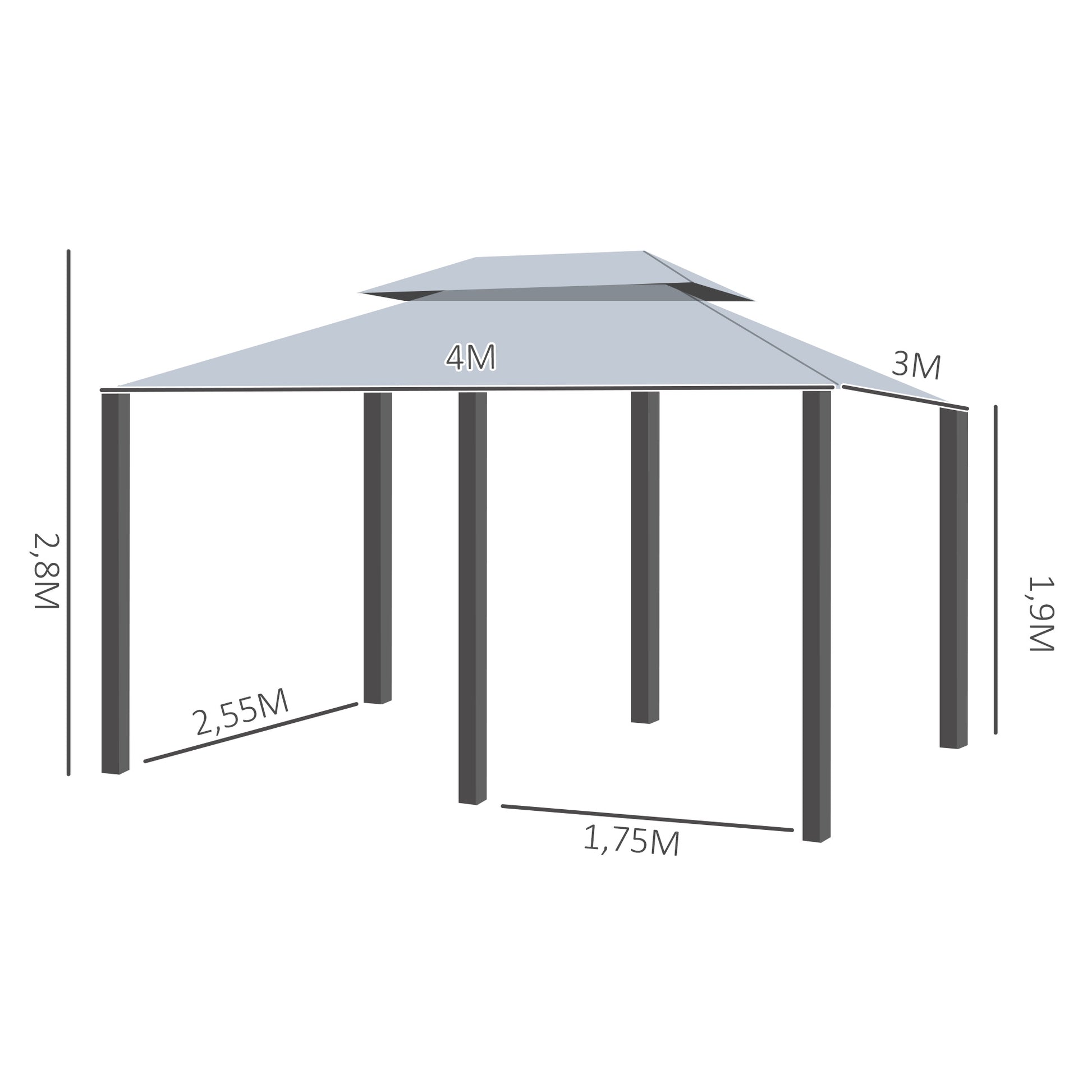 Outsunny Cenador para Jardín 3x4 m Pérgola de Jardín Gazebo con Doble Techo Paredes Laterales Resistente al Agua Carpa para Exterior Terraza Patio Gris