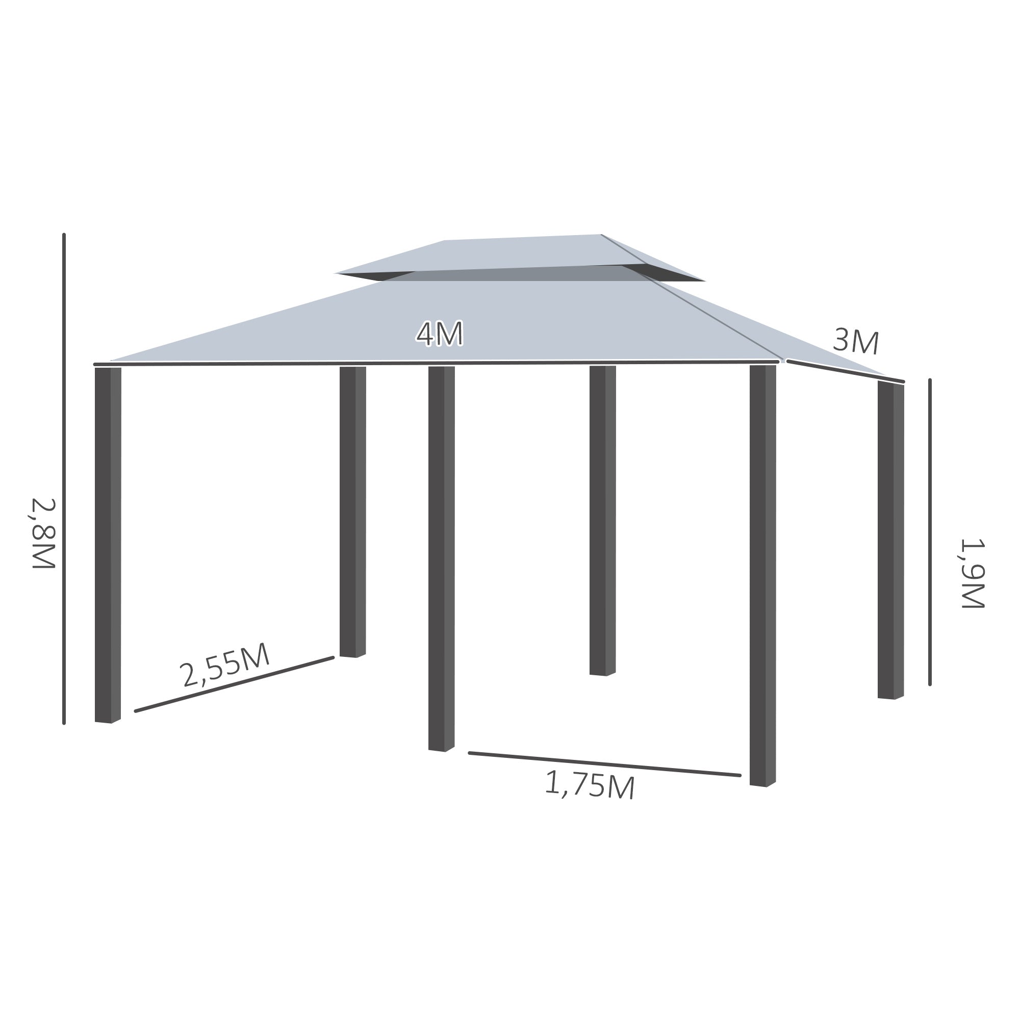 Outsunny Cenador para Jardín 3x4 m Pérgola de Jardín Gazebo con Doble Techo Paredes Laterales Resistente al Agua Carpa para Exterior Terraza Patio Gris