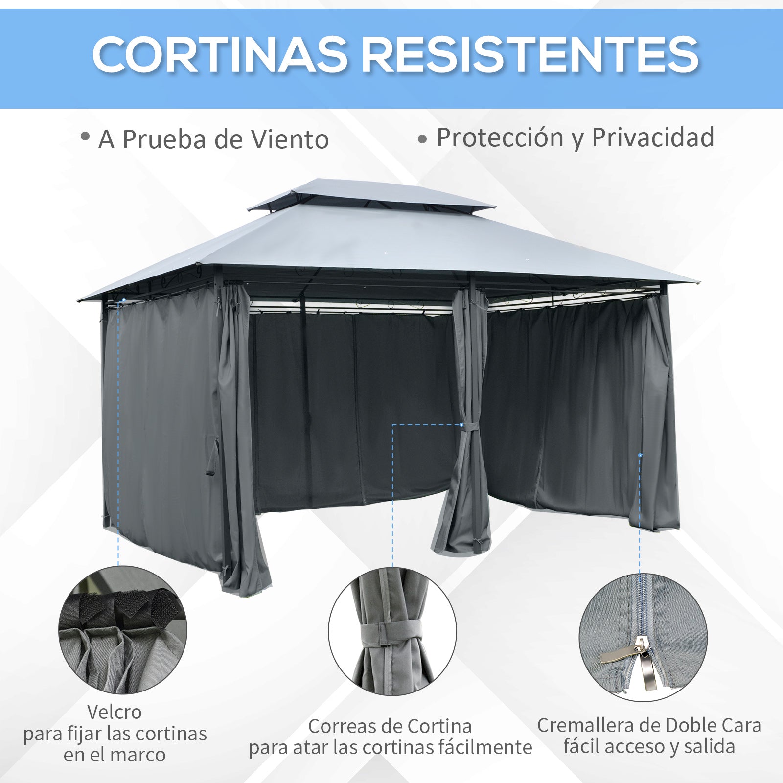 Outsunny Cenador para Jardín 3x4 m Pérgola de Jardín Gazebo con Doble Techo Paredes Laterales Resistente al Agua Carpa para Exterior Terraza Patio Gris