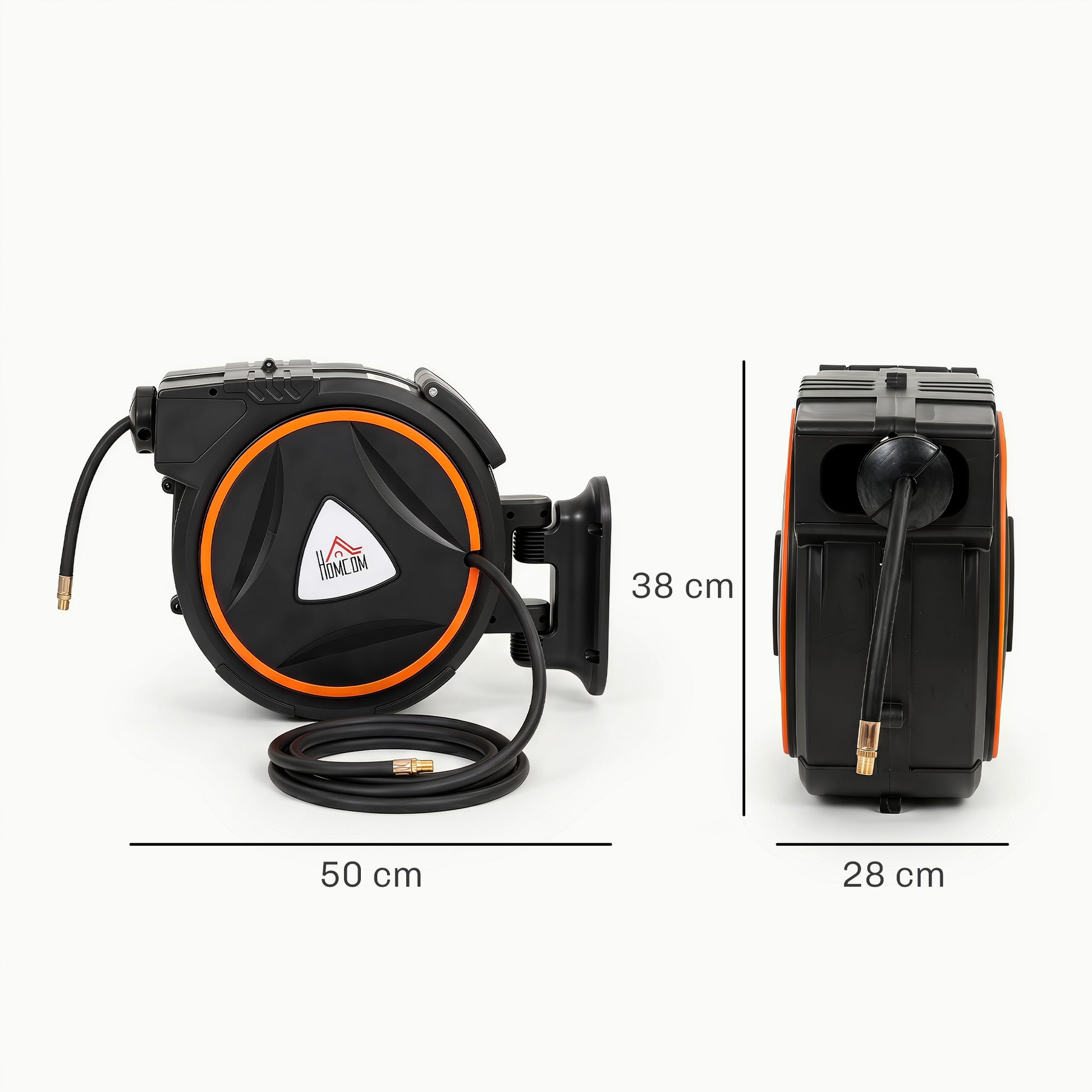 HOMCOM Carrete de Manguera de Aire Comprimido Automático de 20 m+2 m, Conector de 1/4'' BSP, Manguera Compresor Aire con Soporte para Pared Giratorio 180°, Negro