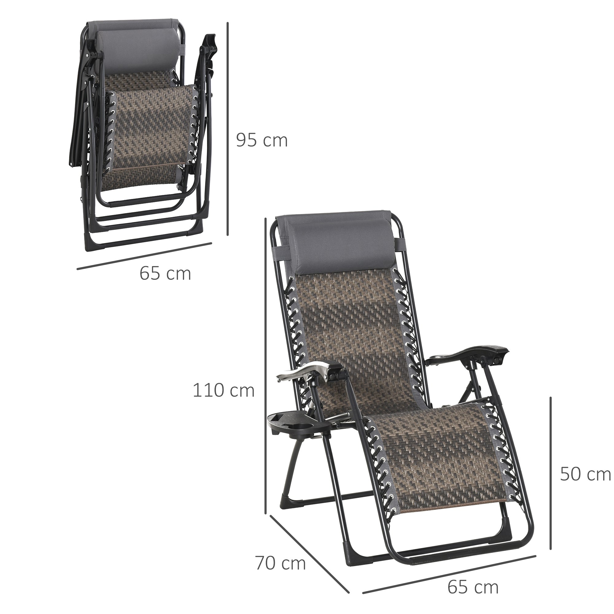 Outsunny Tumbona Plegable de Ratán con Respaldo Ajustable Reposacabezas Extraíble Portavasos y Soporte para Teléfono Jardín Terraza al Aire Libre 65x70x110 cm Gris