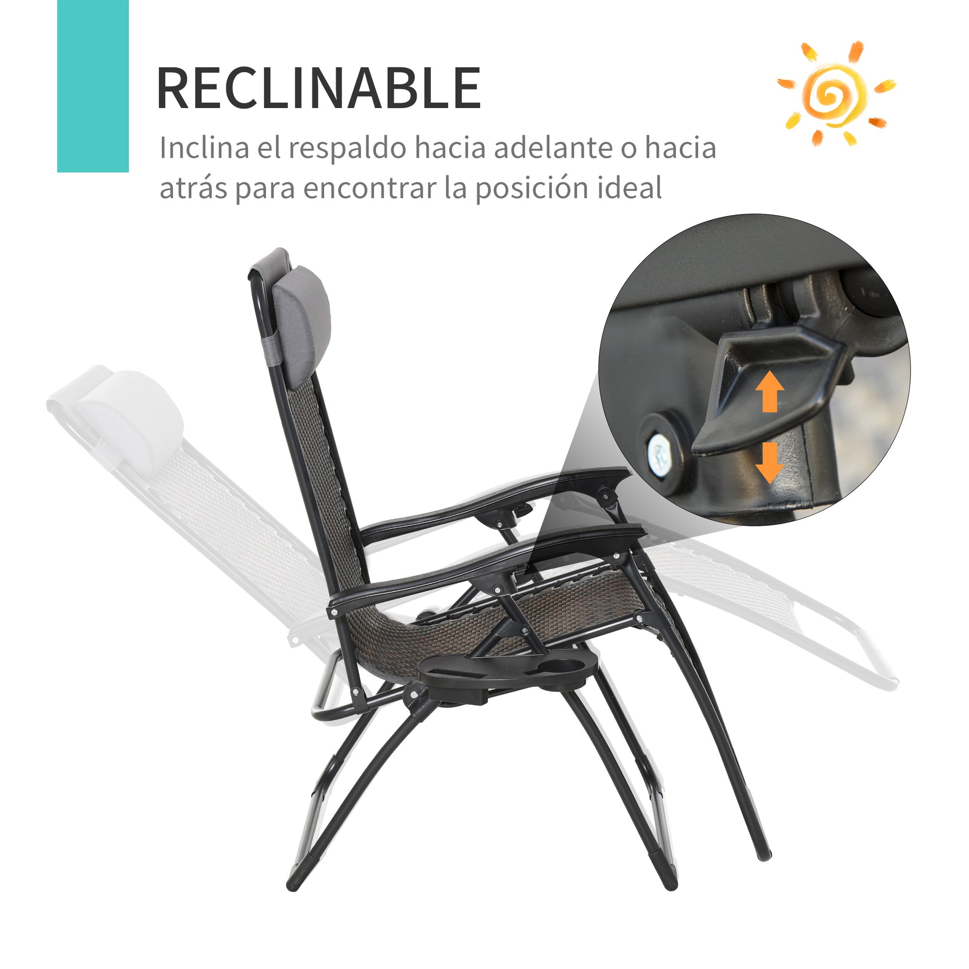Outsunny Tumbona Plegable de Ratán con Respaldo Ajustable Reposacabezas Extraíble Portavasos y Soporte para Teléfono Jardín Terraza al Aire Libre 65x70x110 cm Gris