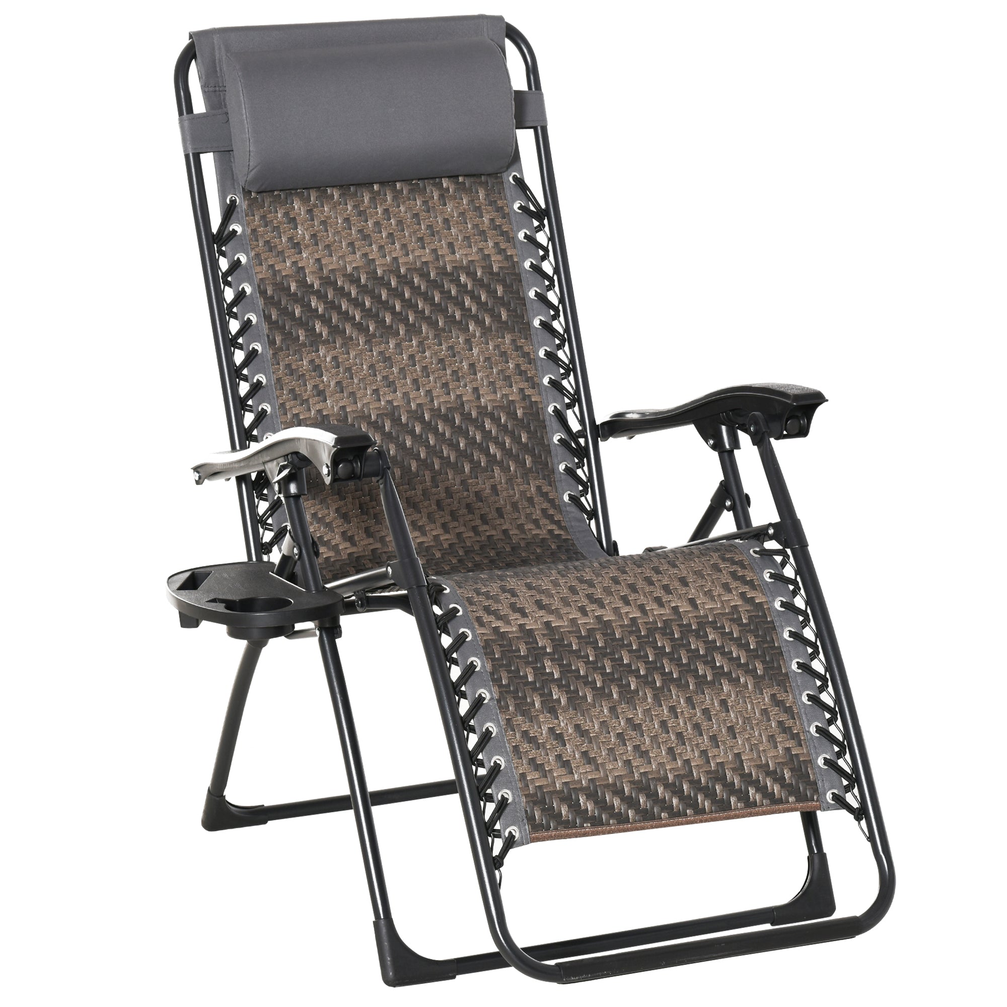 Outsunny Tumbona Plegable de Ratán con Respaldo Ajustable Reposacabezas Extraíble Portavasos y Soporte para Teléfono Jardín Terraza al Aire Libre 65x70x110 cm Gris