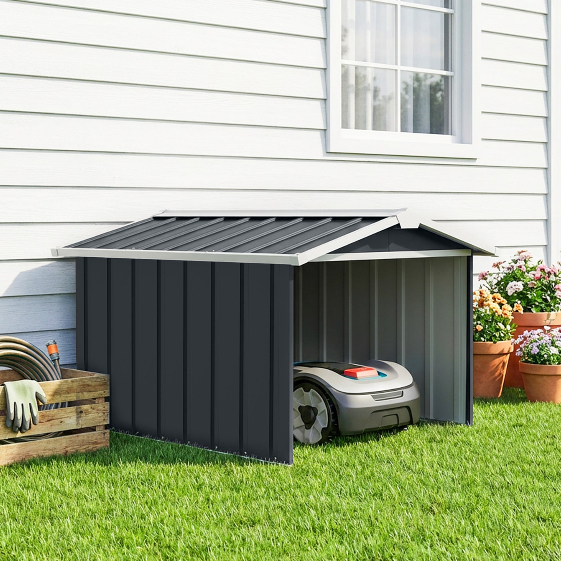 Outsunny Garaje para Robot Cortacésped de Acero Galvanizado con Techo Dos Aguas, Caseta para Robot Cortacésped, 87x103x66 cm, para Jardín, Exterior, Césped, Gris Oscuro