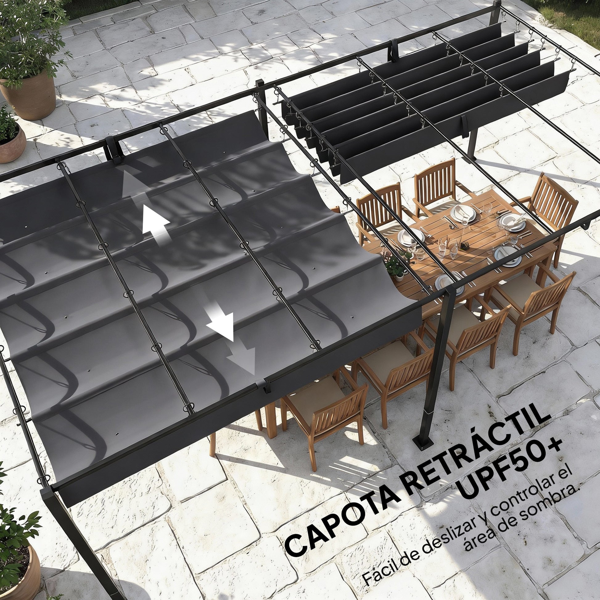 Outsunny Pérgola de Jardín 6x3 m con Techo Retráctil, Cenador de Jardín con Protección UPF50+, Drenaje, Estructura Metálica, Pabellón para Patio, Terraza, Exterior, Gris Oscuro