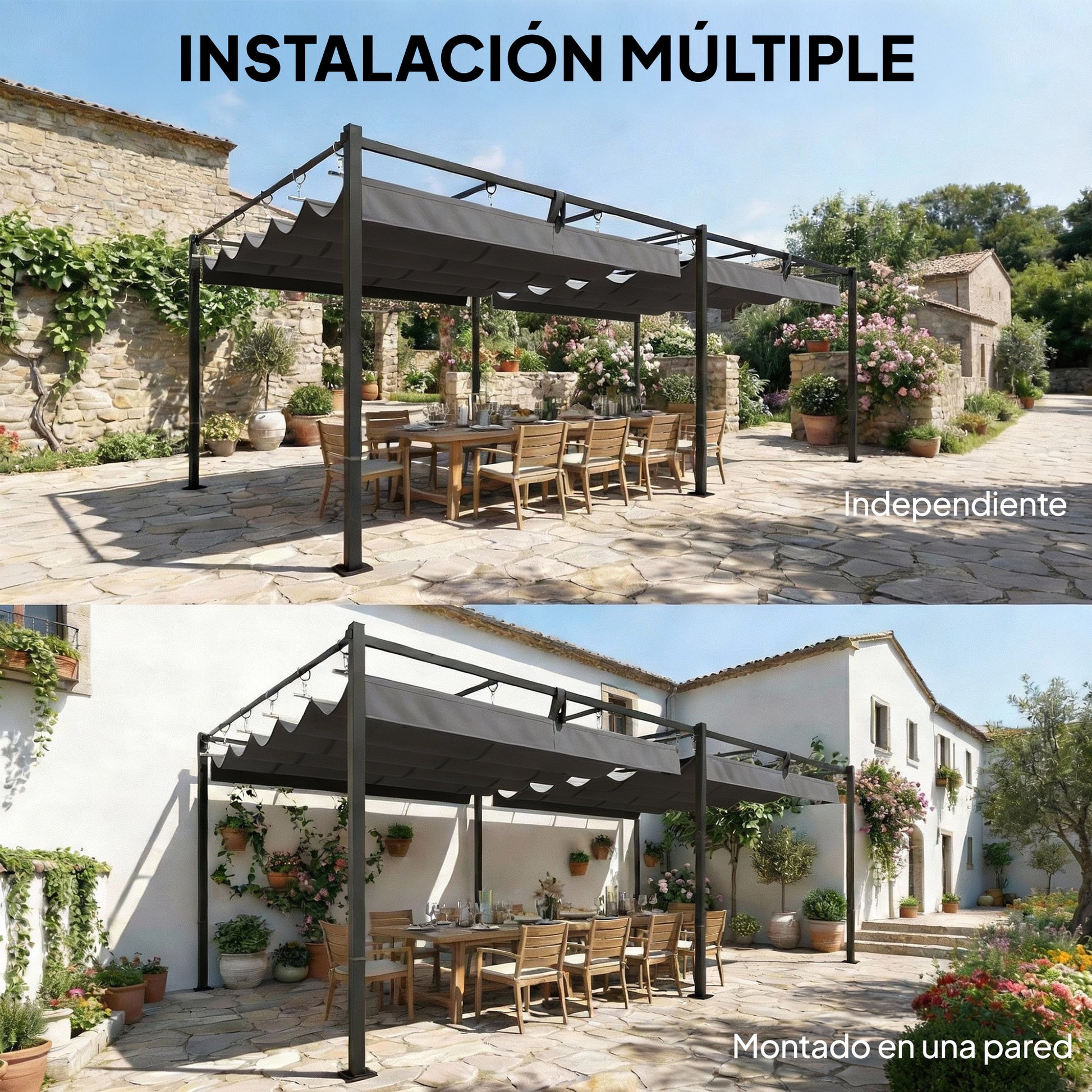 Outsunny Pérgola de Jardín 6x3 m con Techo Retráctil, Cenador de Jardín con Protección UPF50+, Drenaje, Estructura Metálica, Pabellón para Patio, Terraza, Exterior, Gris Oscuro