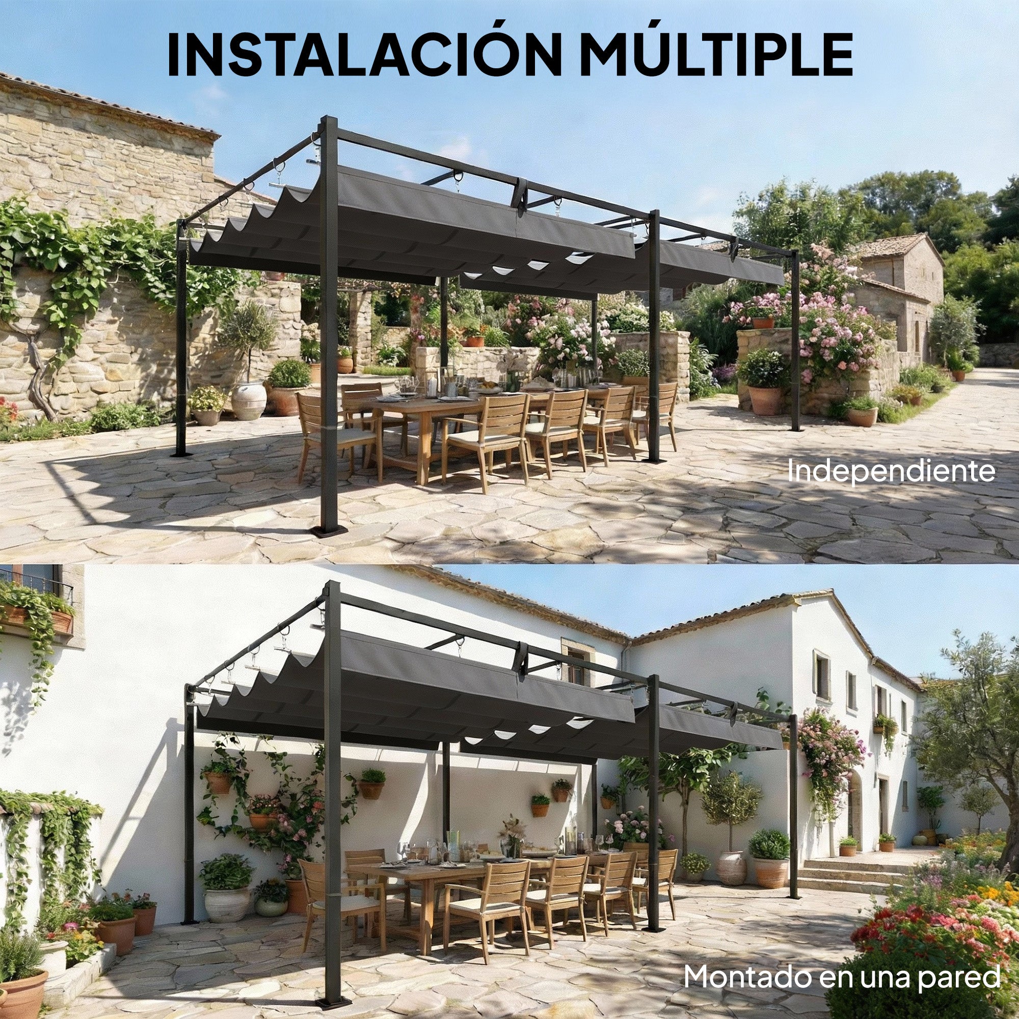 Outsunny Pérgola de Jardín 6x3 m con Techo Retráctil, Cenador de Jardín con Protección UPF50+, Drenaje, Estructura Metálica, Pabellón para Patio, Terraza, Exterior, Gris Oscuro