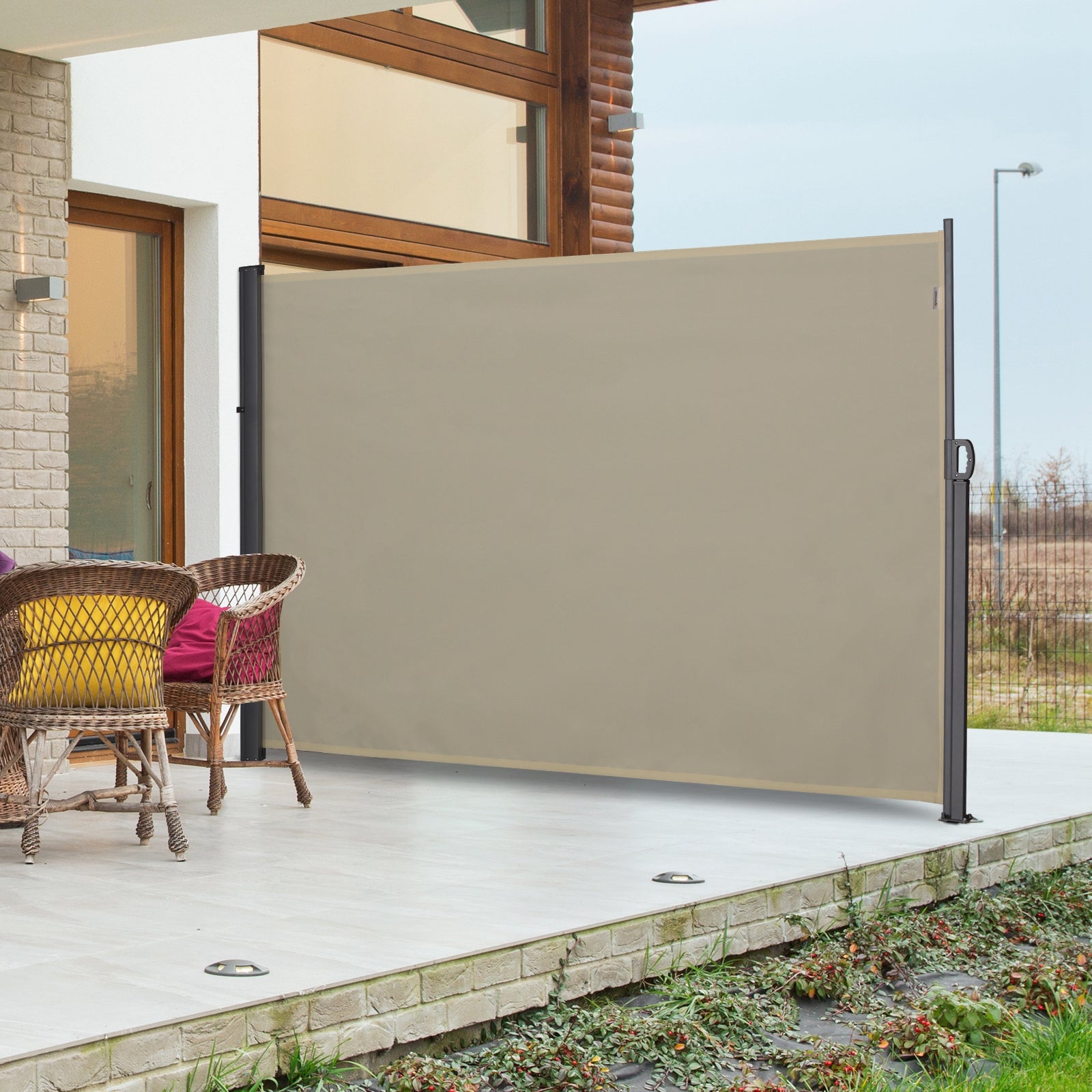 Outsunny Toldo Lateral Retráctil 300x180 cm Pantalla Enrollable Mampara de Privacidad y Protección Solar para Balcón Terraza Color Crema