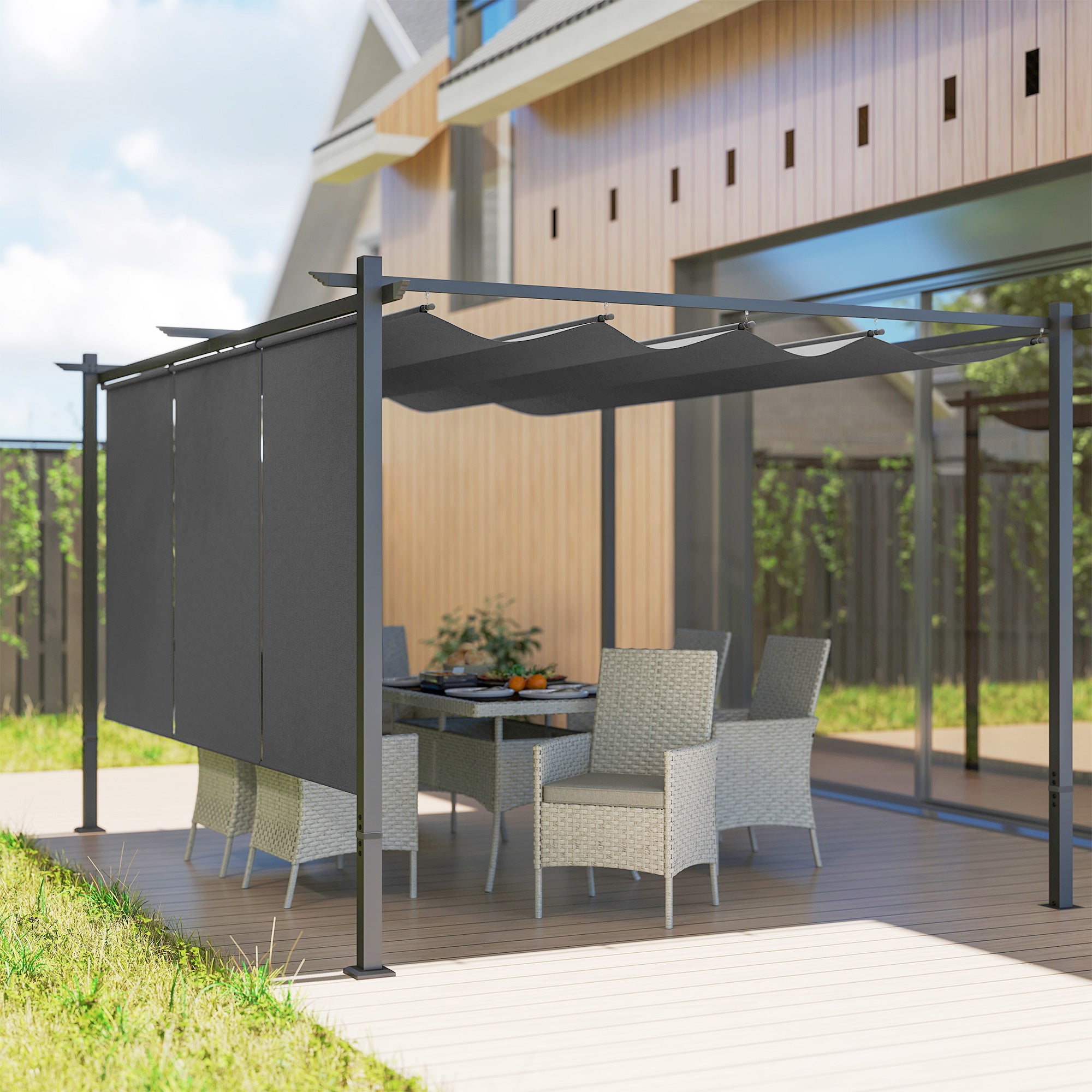 Outsunny Pérgola de Jardín 4x3 m con Techo Retráctil y 3 Laterales Enrollables, Cenador de Jardín Montado en Pared o Independiente, con UPF30+, Estructura Metálica, Pabellón para Exterior, Gris