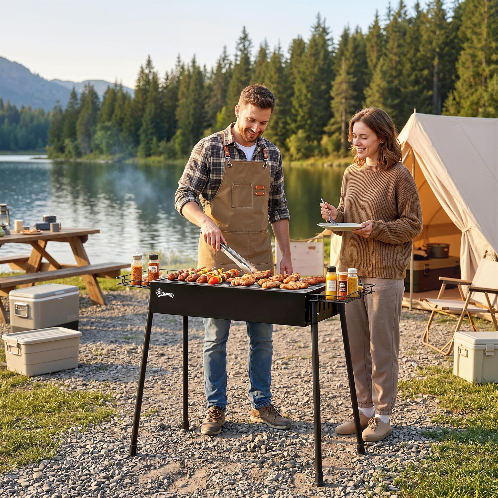 Outsunny Barbacoa de Carbón con 2 Parrillas de Acero Inoxidable Barbacoa Portátil con 2 Especieros para Acampar Picnic Camping Jardín 94x39x70 cm Negro