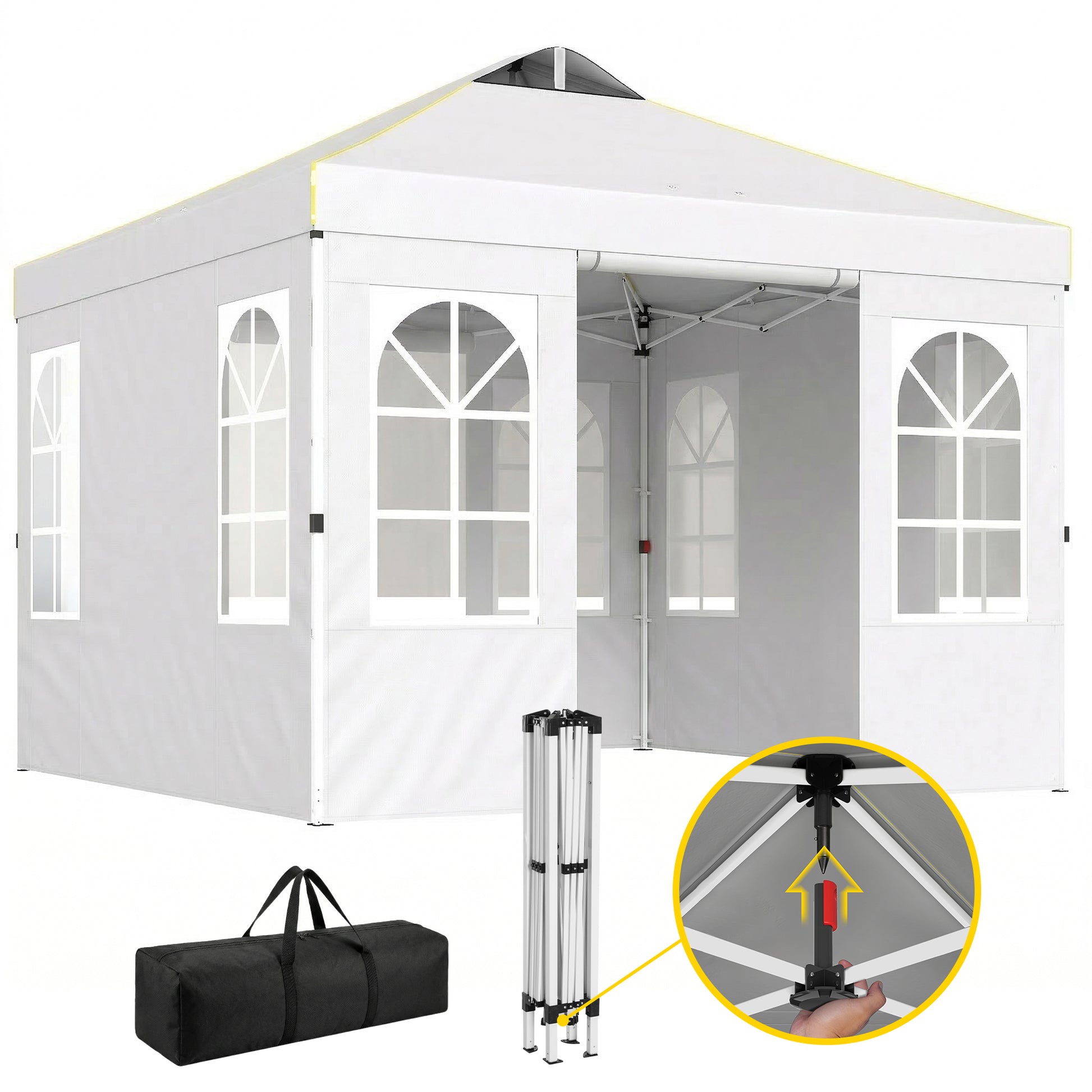Outsunny Carpa Plegable 3x3 m, Pop-up, con 4 Laterales Extraíbles, Cenador de Jardín con UPF50+, Bloqueo Central, Altura Ajustable, Bolsa de Transporte, Sacos Arena, Gazebo para Exterior, Blanco