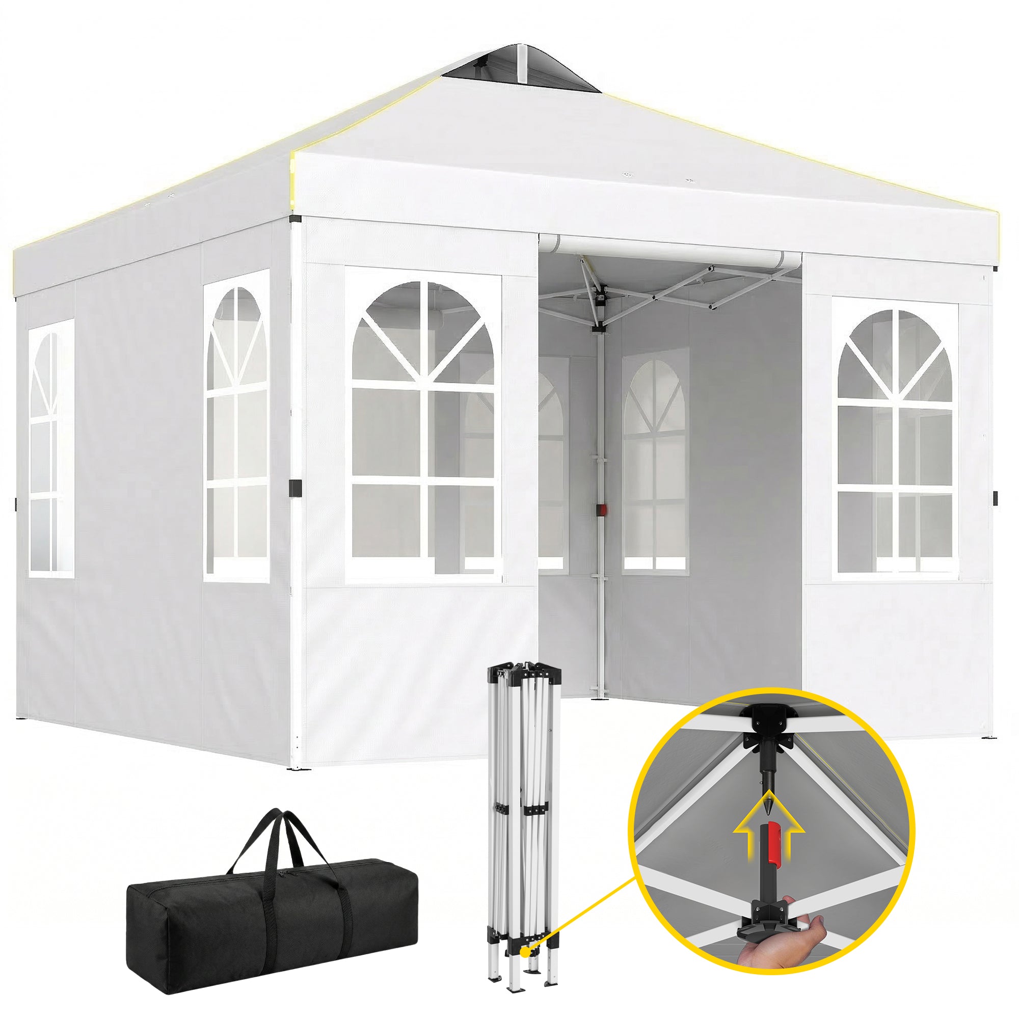 Outsunny Carpa Plegable 3x3 m, Pop-up, con 4 Laterales Extraíbles, Cenador de Jardín con UPF50+, Bloqueo Central, Altura Ajustable, Bolsa de Transporte, Sacos Arena, Gazebo para Exterior, Blanco
