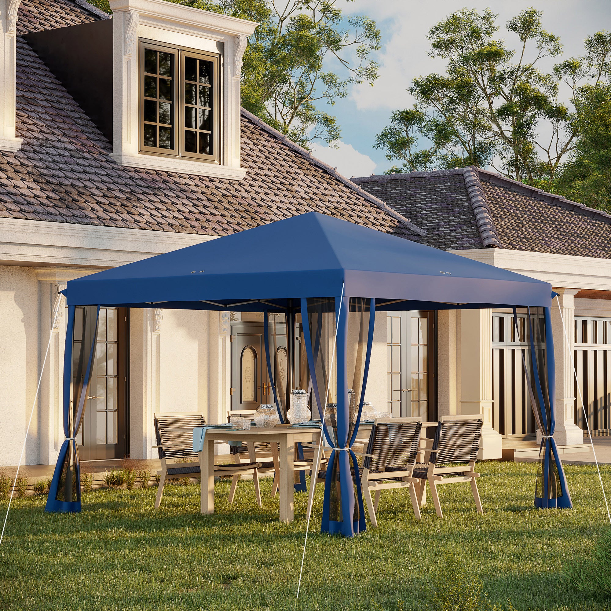 Outsunny Carpa Plegable 3x3 m Cenador de Jardín con 4 Paredes Laterales de Malla 8 Orificios de Drenaje Impermeable y Bolsa de Transporte Gazebo para Exterior Jardín Patio Fiestas Azul