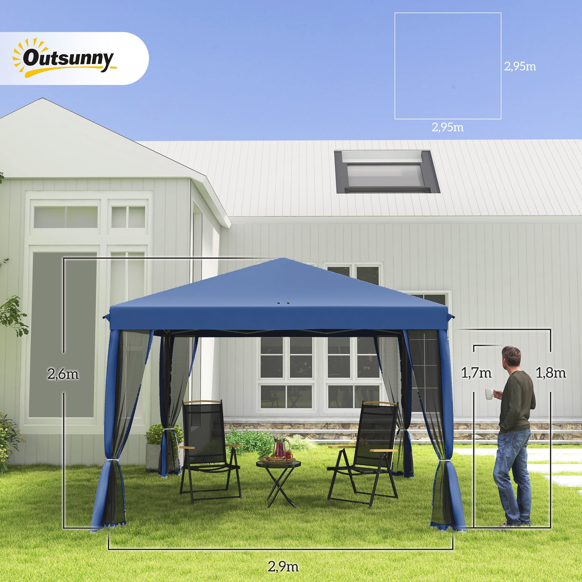 Outsunny Carpa Plegable 3x3 m Cenador de Jardín con 4 Paredes Laterales de Malla 8 Orificios de Drenaje Impermeable y Bolsa de Transporte Gazebo para Exterior Jardín Patio Fiestas Azul