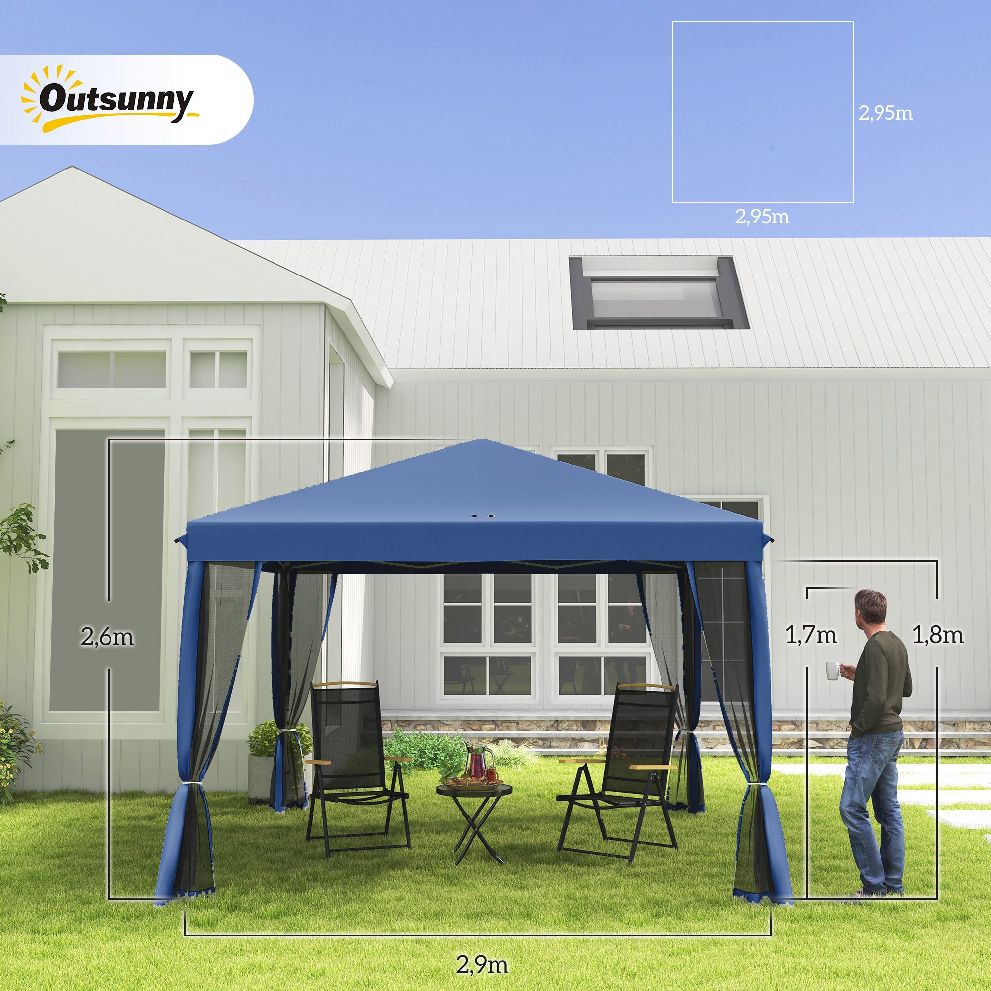 Outsunny Carpa Plegable 3x3 m Cenador de Jardín con 4 Paredes Laterales de Malla 8 Orificios de Drenaje Impermeable y Bolsa de Transporte Gazebo para Exterior Jardín Patio Fiestas Azul
