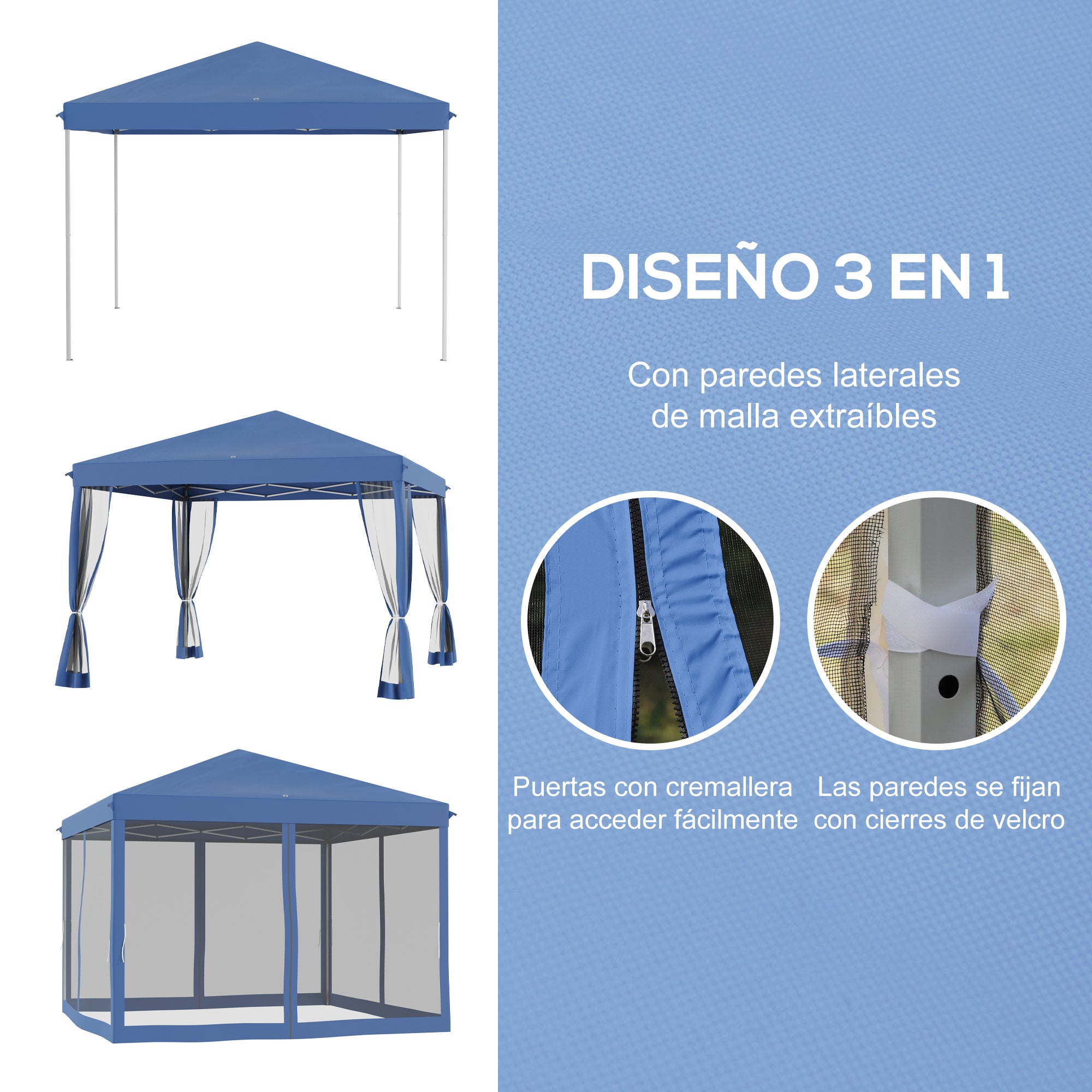 Outsunny Carpa Plegable 3x3 m Cenador de Jardín con 4 Paredes Laterales de Malla 8 Orificios de Drenaje Impermeable y Bolsa de Transporte Gazebo para Exterior Jardín Patio Fiestas Azul