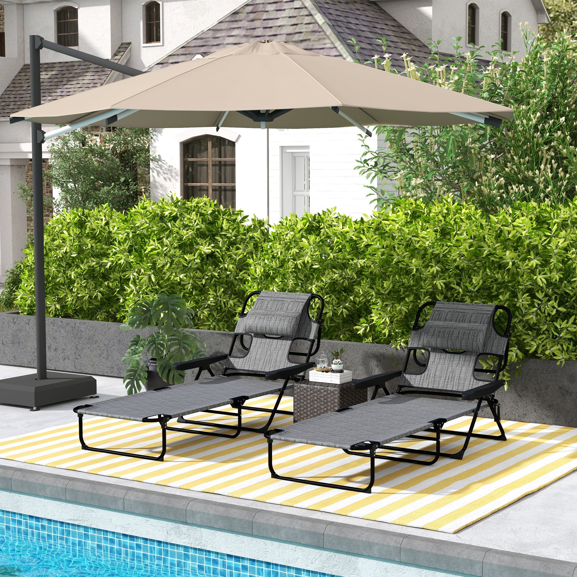 Outsunny Conjunto de 2 Tumbonas Plegables Tumbonas de Jardín con Respaldo Ajustable en 4 Niveles Orificio de Lectura y Reposacabezas para Terraza Piscina 194x72x31 cm Gris