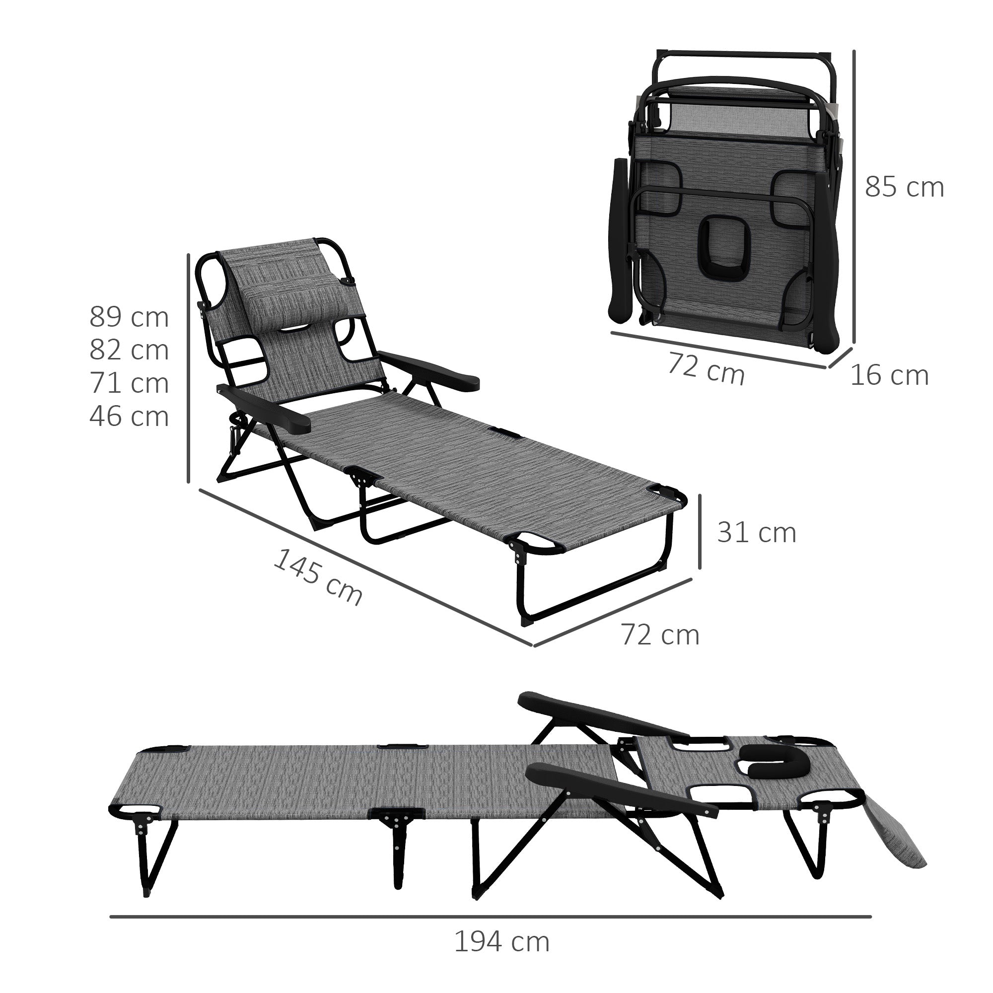 Outsunny Conjunto de 2 Tumbonas Plegables Tumbonas de Jardín con Respaldo Ajustable en 4 Niveles Orificio de Lectura y Reposacabezas para Terraza Piscina 194x72x31 cm Gris