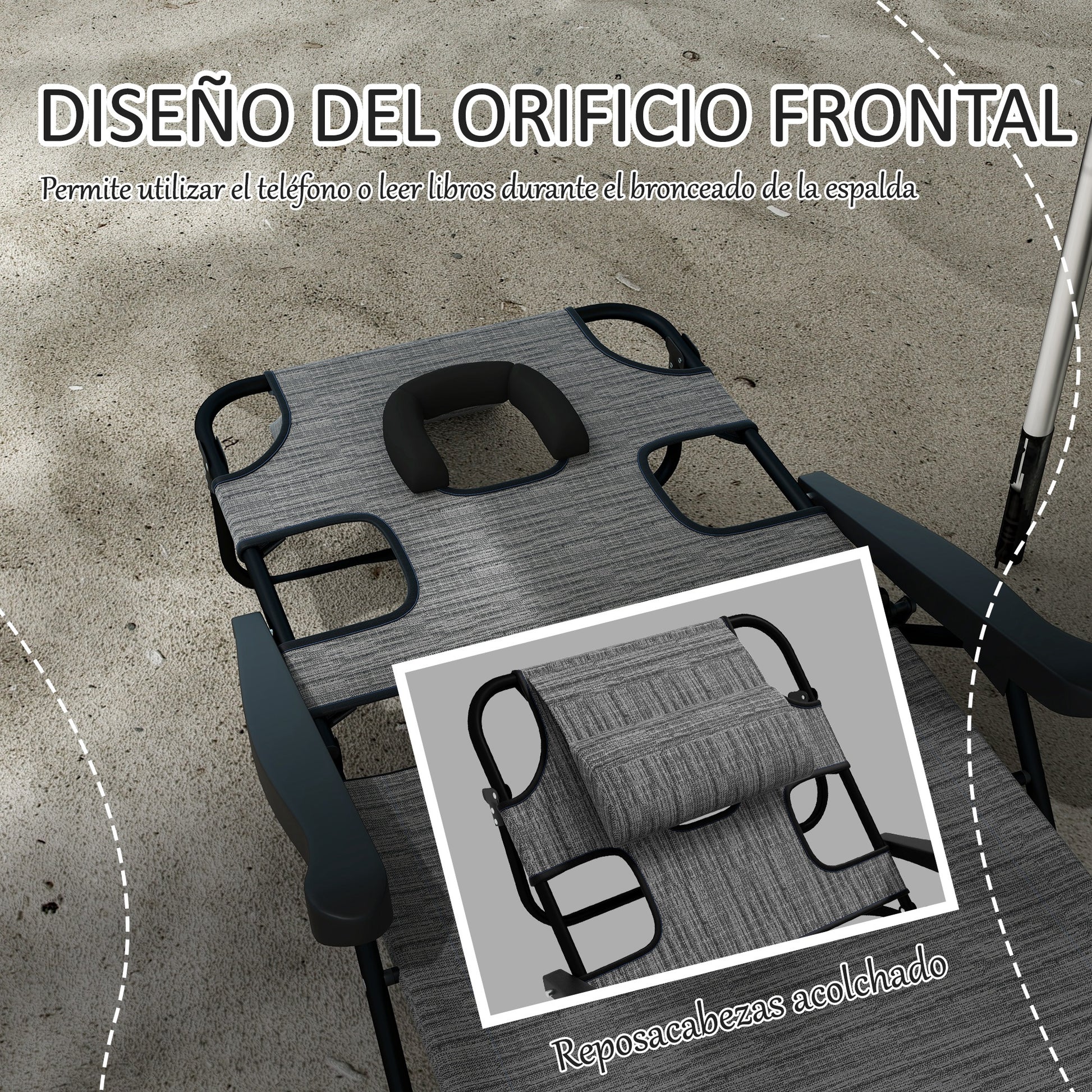 Outsunny Conjunto de 2 Tumbonas Plegables Tumbonas de Jardín con Respaldo Ajustable en 4 Niveles Orificio de Lectura y Reposacabezas para Terraza Piscina 194x72x31 cm Gris