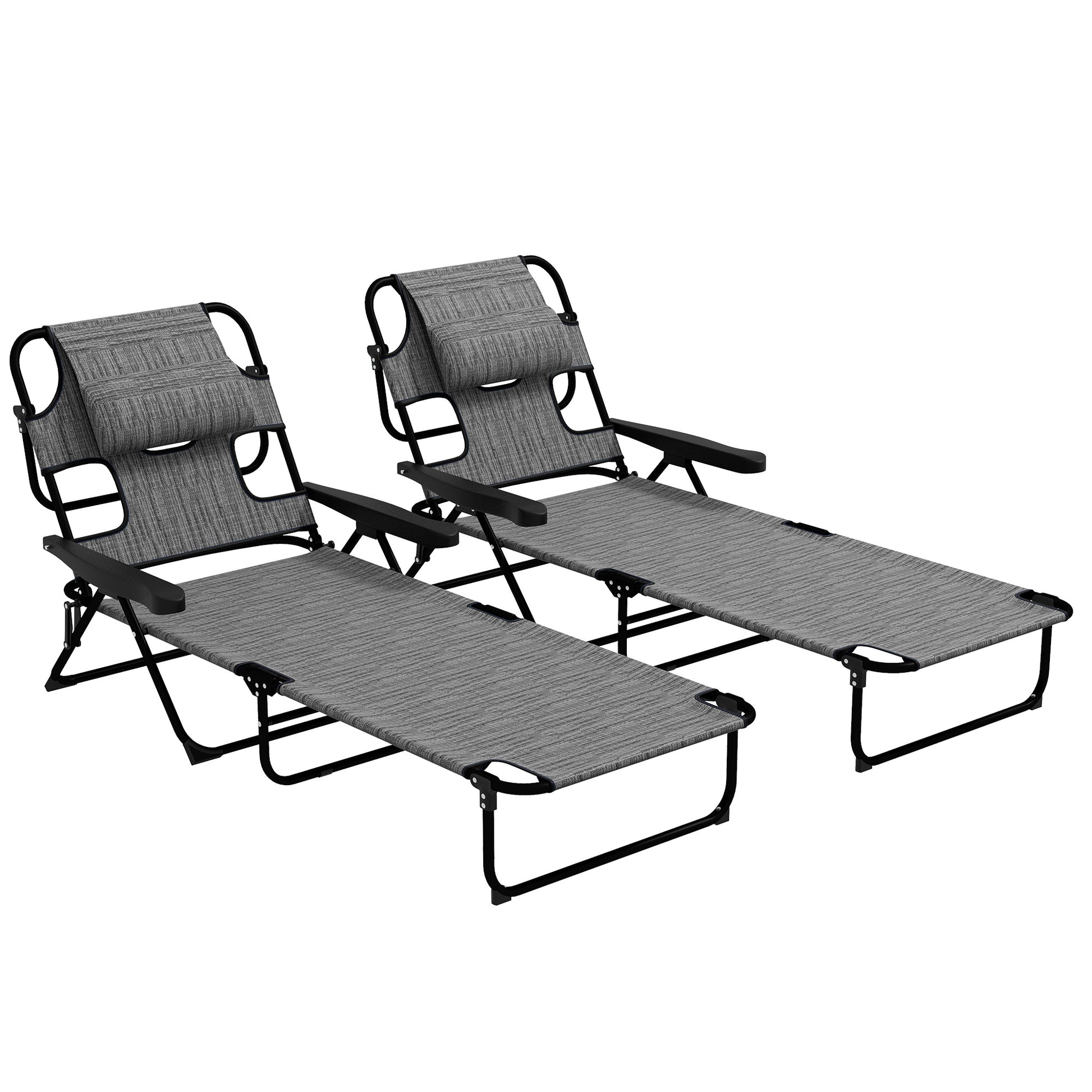 Outsunny Conjunto de 2 Tumbonas Plegables Tumbonas de Jardín con Respaldo Ajustable en 4 Niveles Orificio de Lectura y Reposacabezas para Terraza Piscina 194x72x31 cm Gris