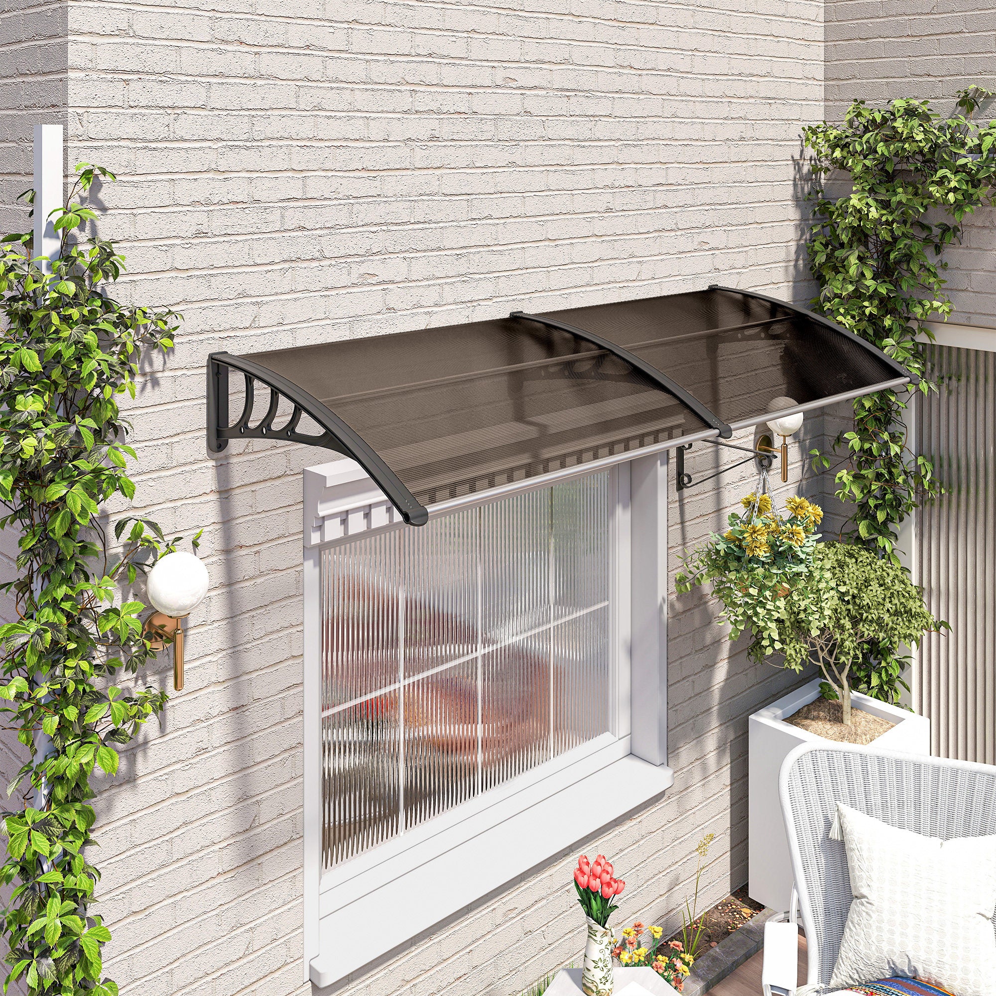 Outsunny Marquesinas Exterior para Puertas y Ventanas, 195x75 cm, Tejadillo de Protección contra Sol y Lluvia, con Cubierta de Policarbonato, Soporte de Aleación de Aluminio, Marrón