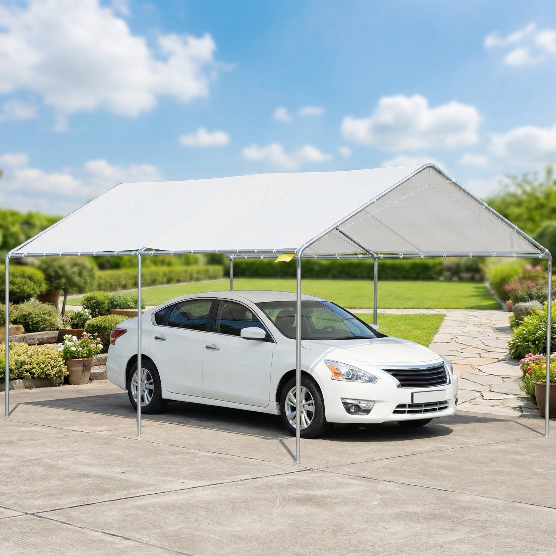 Outsunny Carpa Garaje para Coche 3x6 m, Cochera Exterior Portátil con Marco de Acero Galvanizado, Impermeable, Anti-UV, Pabellón Gazebo de Jardín con Accesorios, para Eventos, Fiestas, Blanco