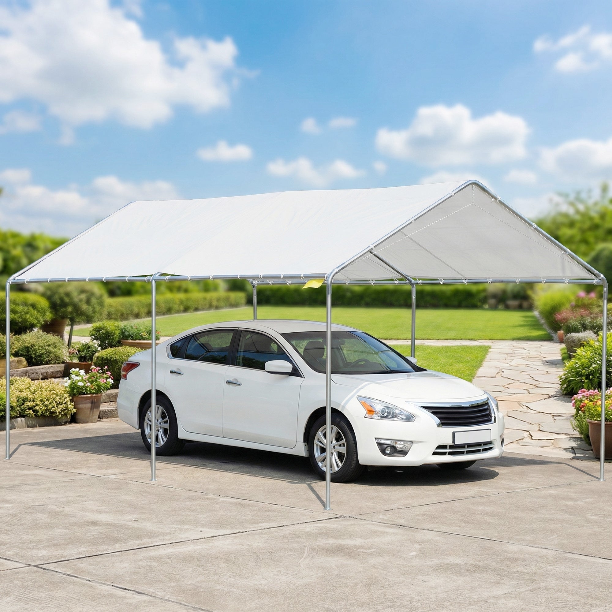 Outsunny Carpa Garaje para Coche 3x6 m, Cochera Exterior Portátil con Marco de Acero Galvanizado, Impermeable, Anti-UV, Pabellón Gazebo de Jardín con Accesorios, para Eventos, Fiestas, Blanco