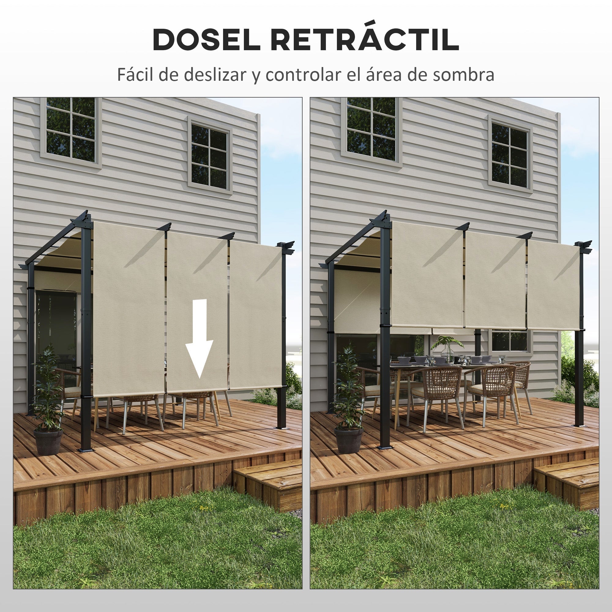 Outsunny Pérgola de Jardín 3x3 m Cenador para Exterior con Techo Retráctil Marco de Acero Impermeable y Anti-UV para Terraza Patio Beige
