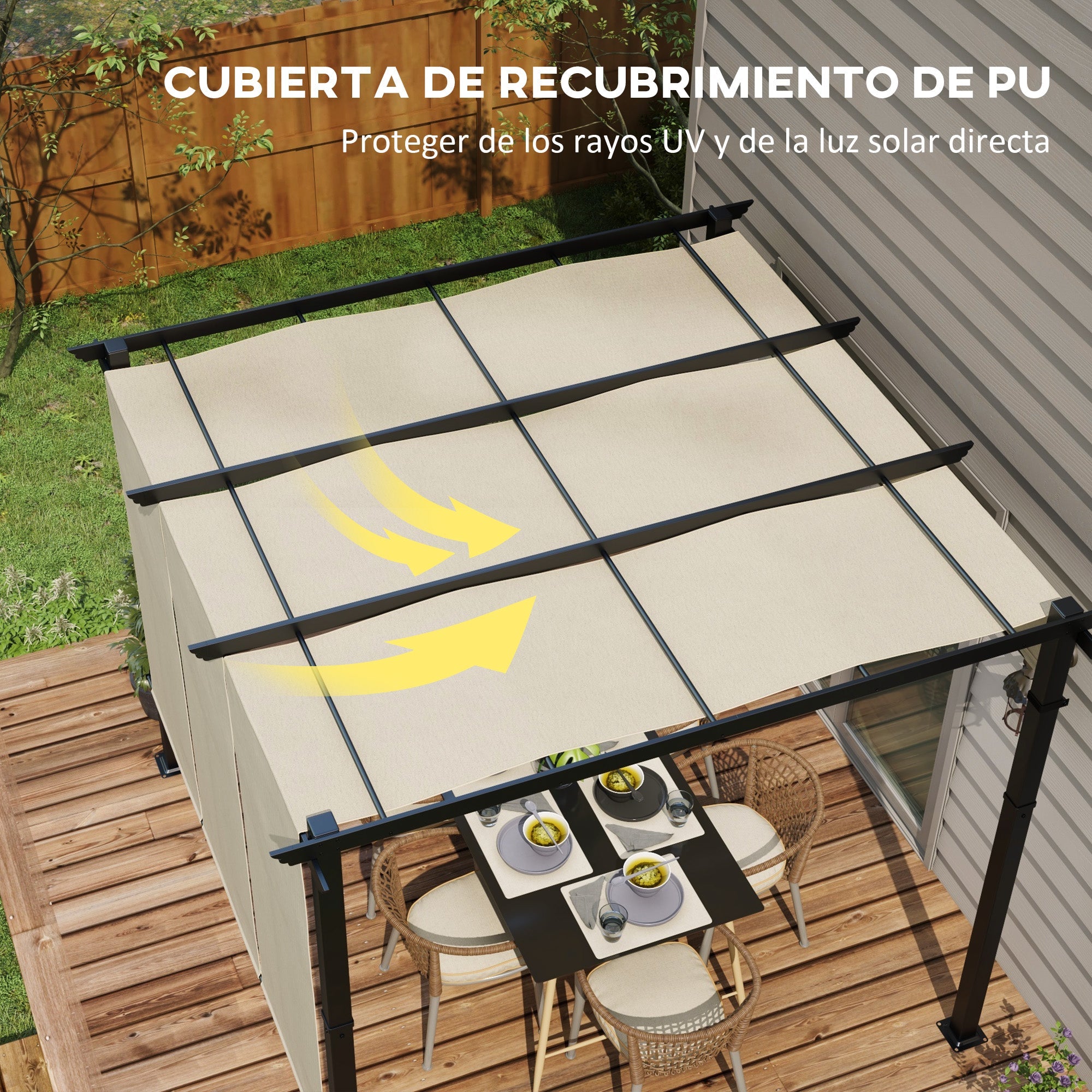 Outsunny Pérgola de Jardín 3x3 m Cenador para Exterior con Techo Retráctil Marco de Acero Impermeable y Anti-UV para Terraza Patio Beige