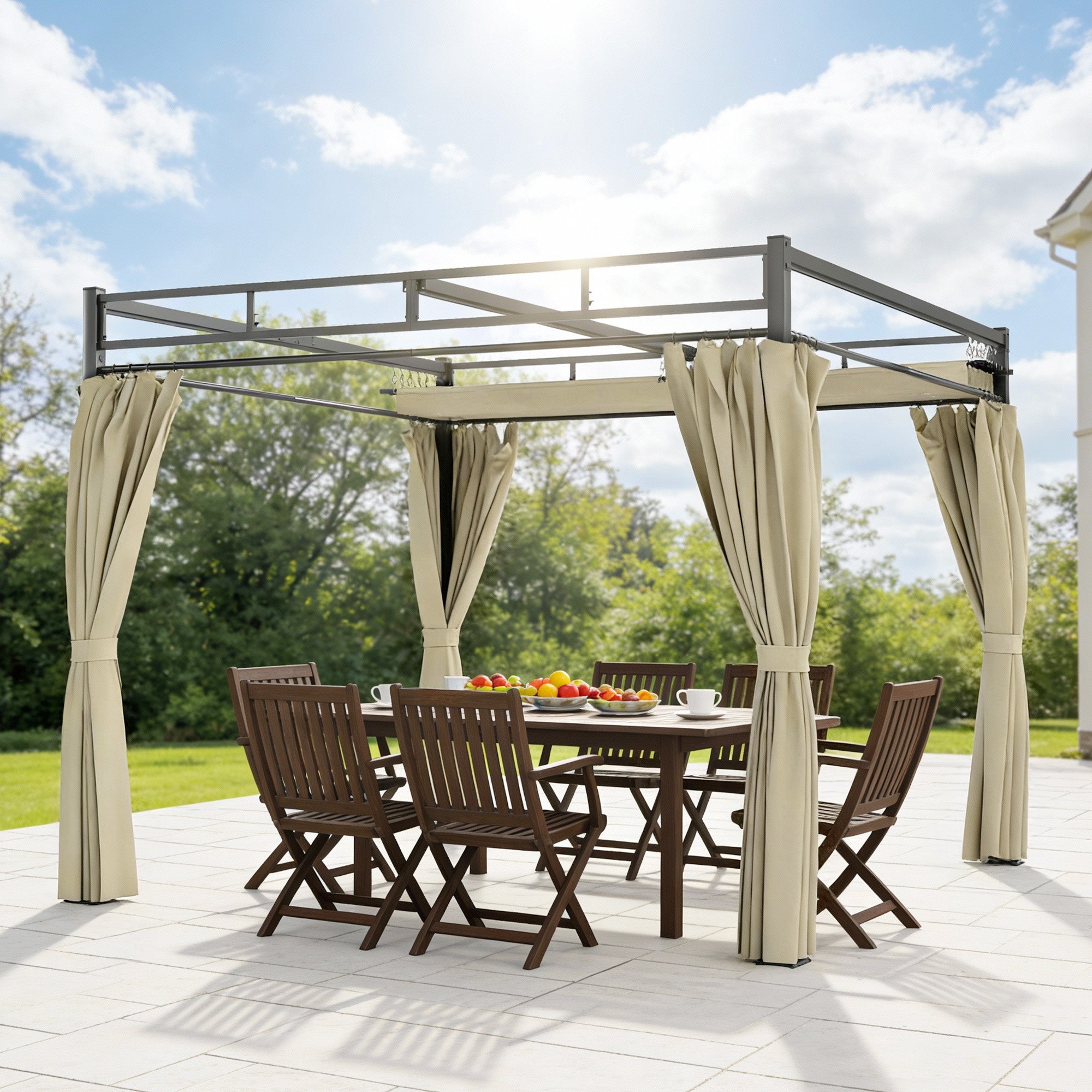 Outsunny Pérgola de Jardín 3x3 m con Techo Retráctil y 4 Cortinas, Cenador de Jardín con Protección UV30+, Impermeable, Estructura Metálica, Pabellón para Patio, Terraza, Exterior, Beige