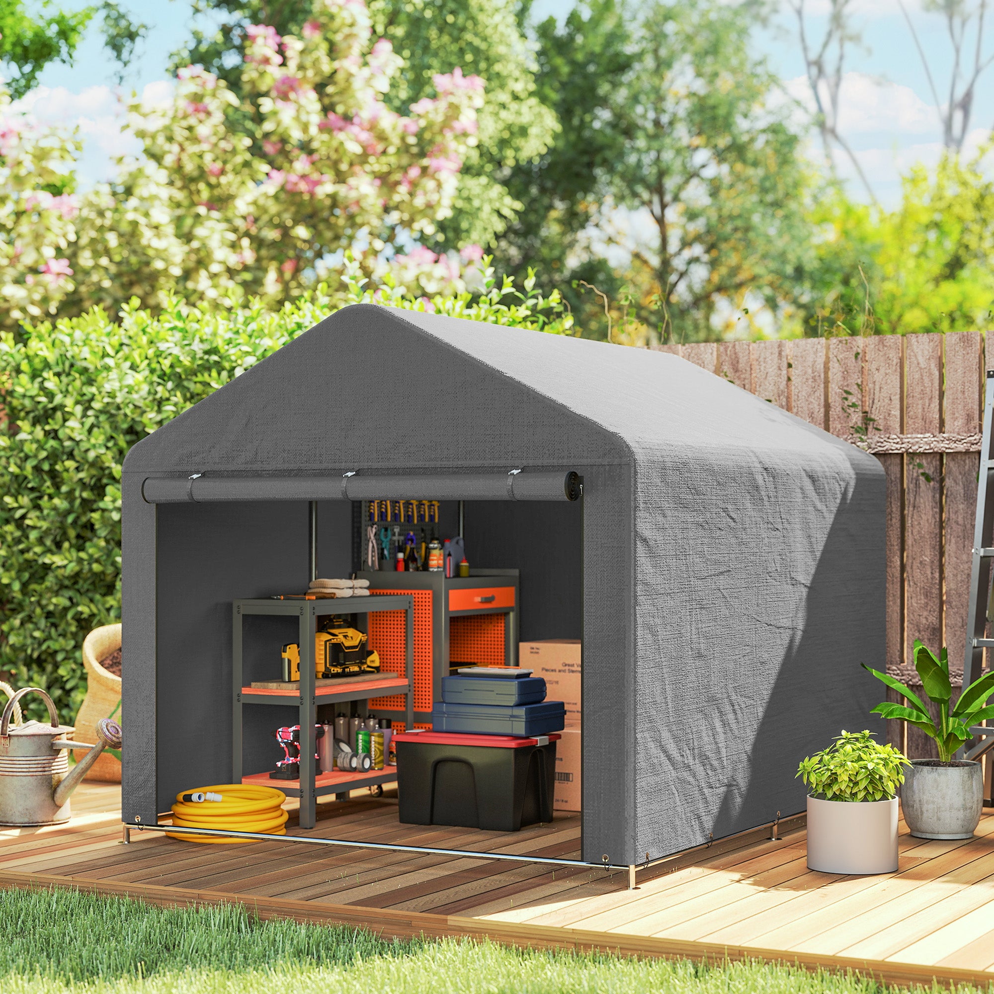 Outsunny Carpa de Jardín Exterior para Herramientas, Bicicletas, 2,4x2x2 m, Cobertizo Exterior con Marco Metal Galvanizado, Puerta Enrollable con Cremallera, Impermeable, UV30+, Garaje Portátil, Gris