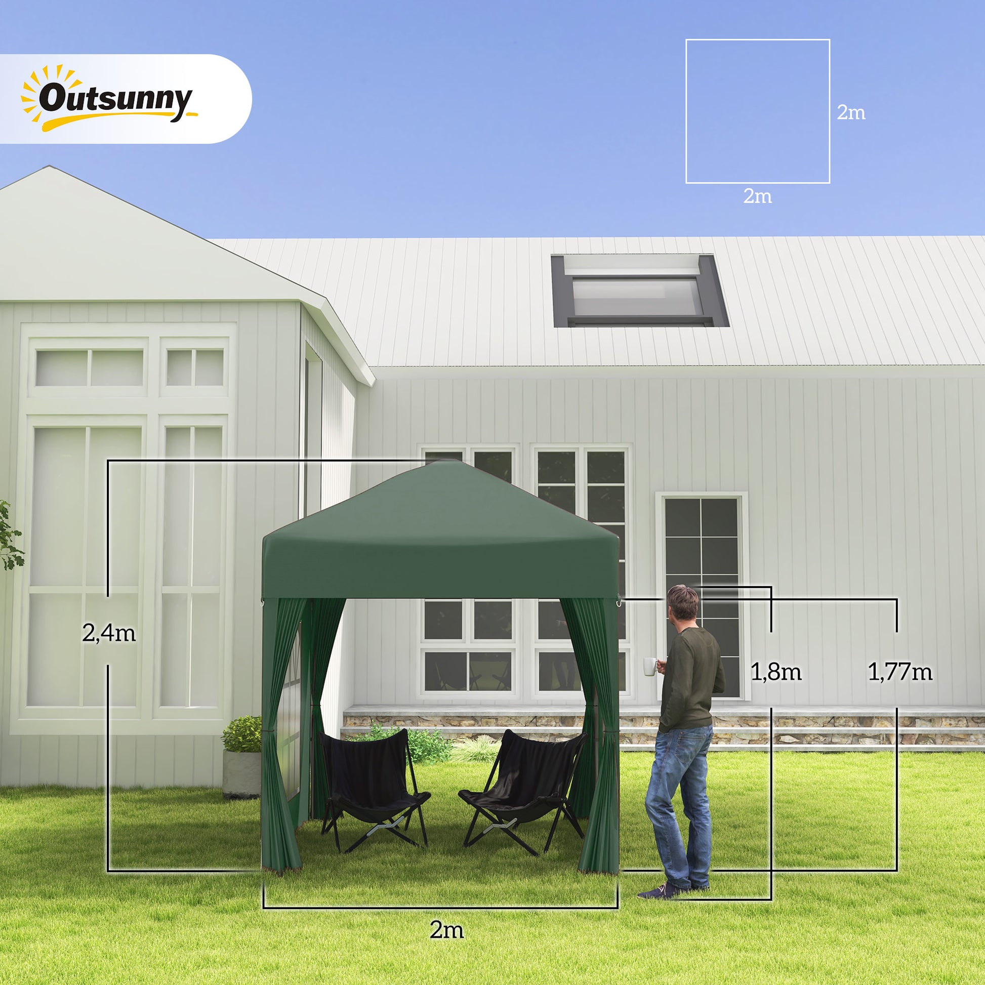 Outsunny Carpa Plegable Pop-up Gazebo 2x2 m Cenador Plegable con 4 Paredes Laterales Anti-UV y Bolsa de Transporte para Camping Fiestas Verde