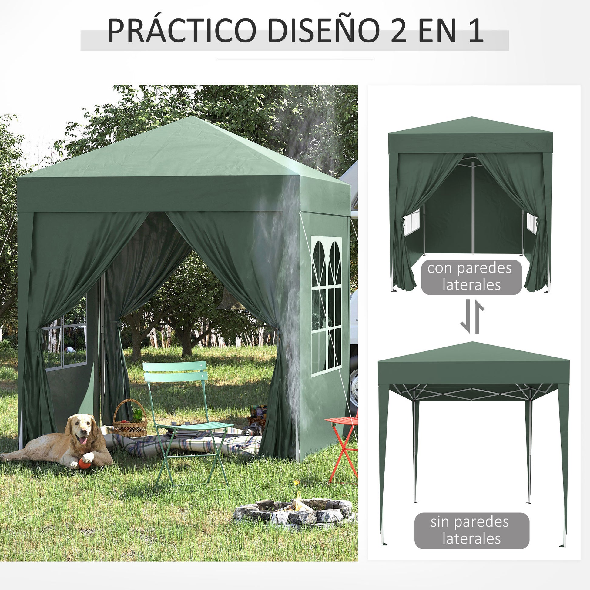 Outsunny Carpa Plegable Pop-up Gazebo 2x2 m Cenador Plegable con 4 Paredes Laterales Anti-UV y Bolsa de Transporte para Camping Fiestas Verde