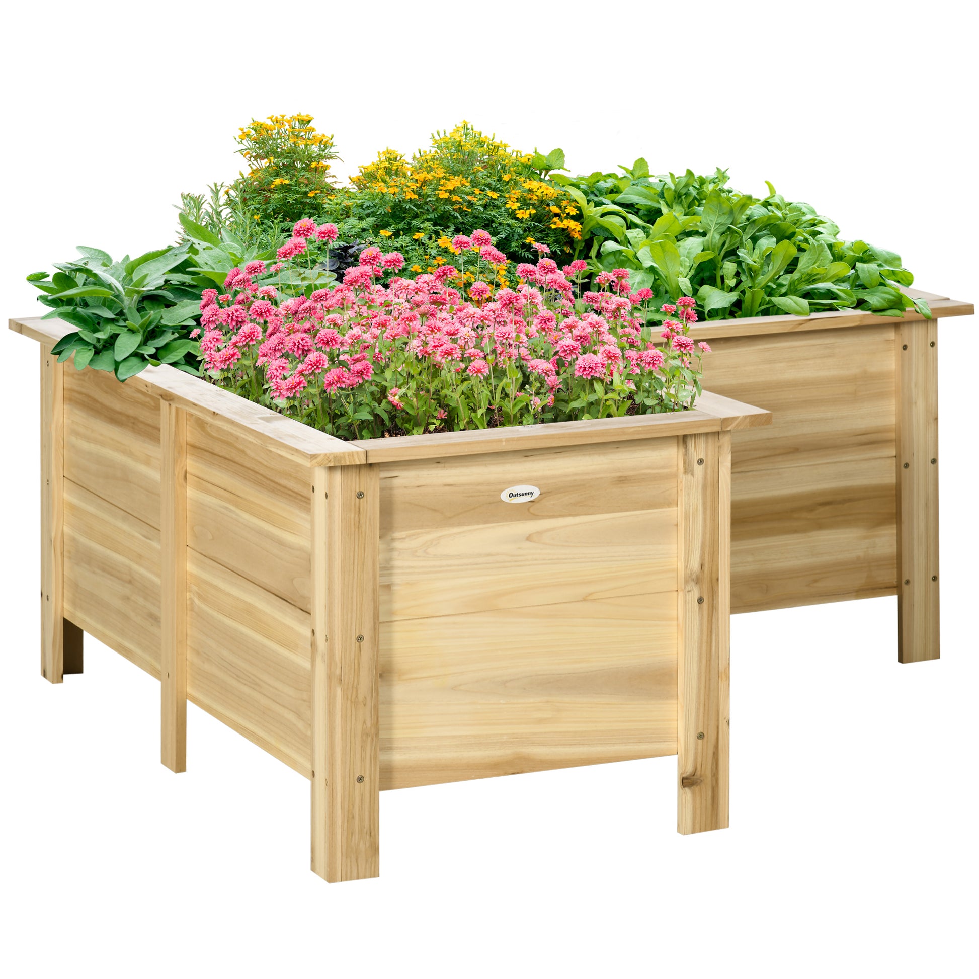 Outsunny Jardinera Elevada de Madera, Macetero Exterior en Forma de L con Tela no Tejido, Huerto Urbano para Cultivos de Plantas, Flores en Terraza, Jardín, 120x120x50 cm, Natural