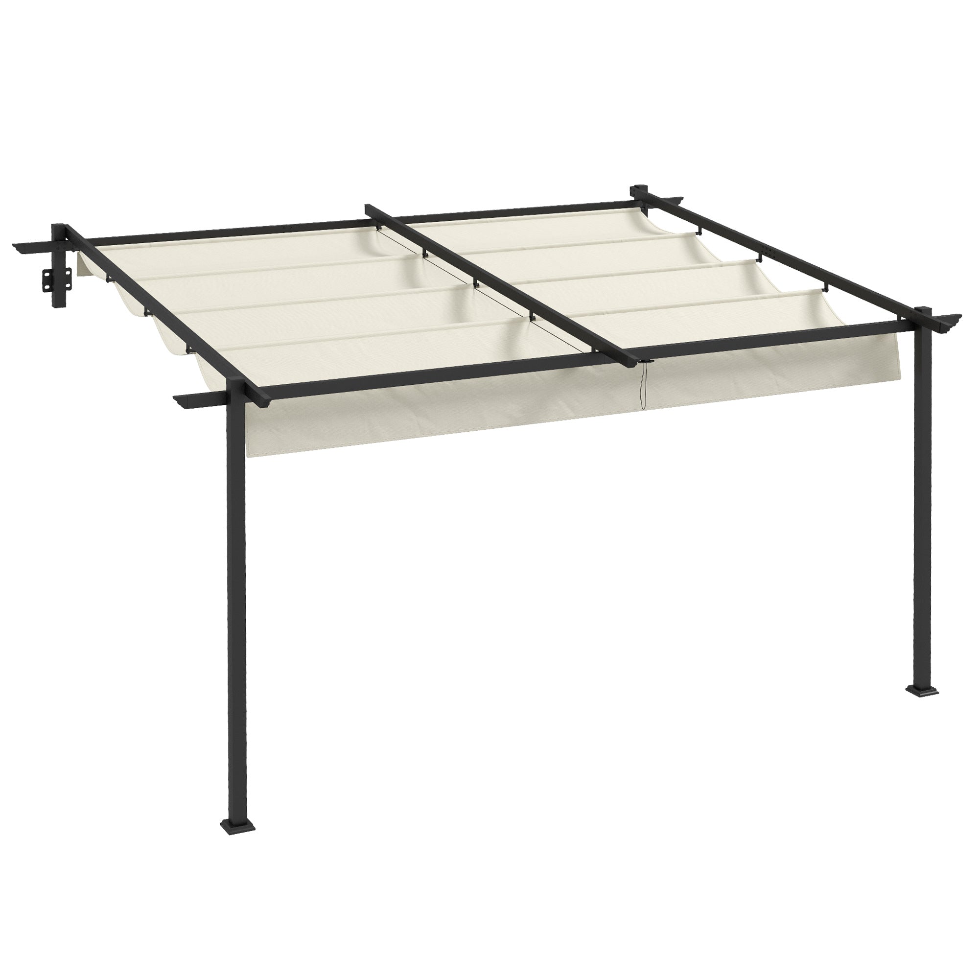 Outsunny Pérgola de Pared 4x3 m Cenador de Jardín con Techo Retráctil de Poliéster y Marco de Acero para Celebraciones Fiestas Bodas Crema y Gris Oscuro