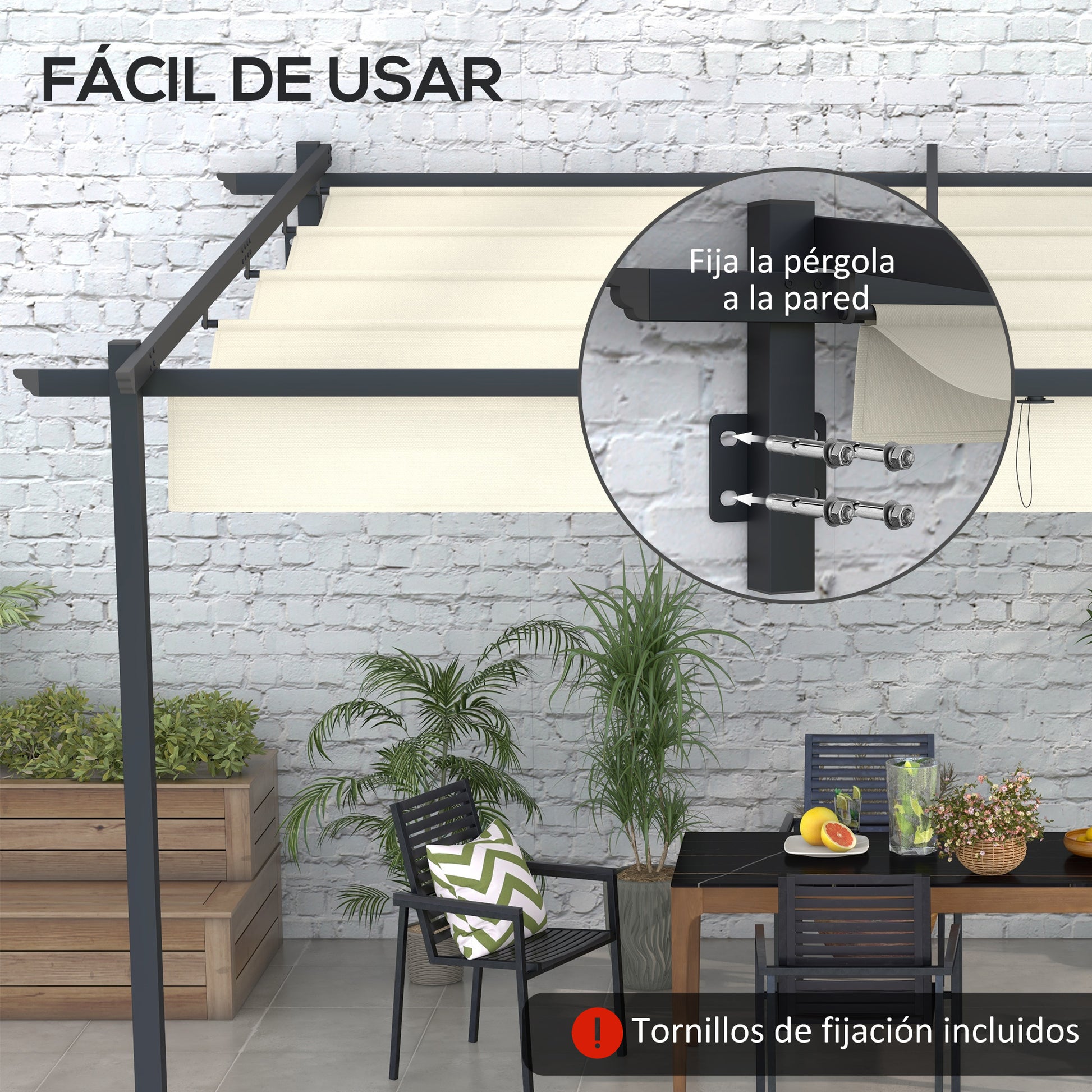 Outsunny Pérgola de Pared 4x3 m Cenador de Jardín con Techo Retráctil de Poliéster y Marco de Acero para Celebraciones Fiestas Bodas Crema y Gris Oscuro