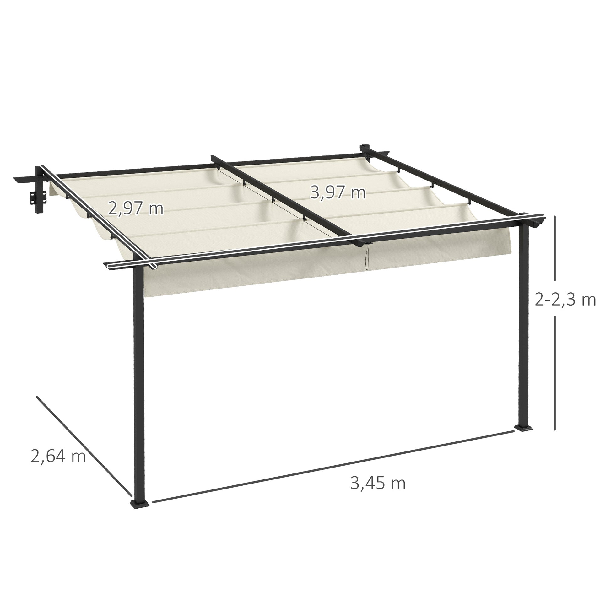 Outsunny Pérgola de Pared 4x3 m Cenador de Jardín con Techo Retráctil de Poliéster y Marco de Acero para Celebraciones Fiestas Bodas Crema y Gris Oscuro