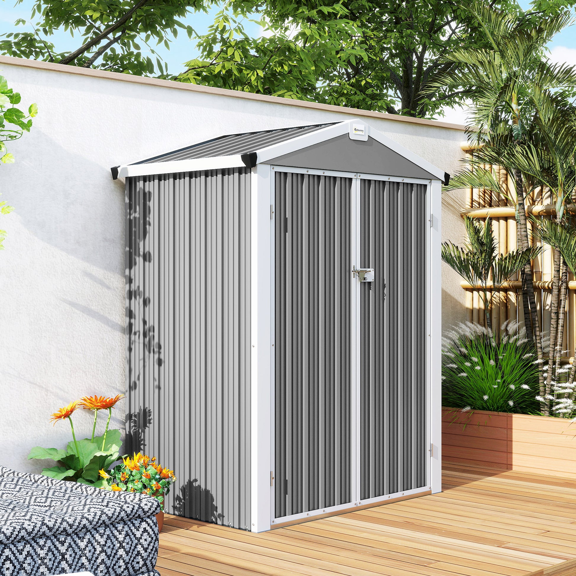 Outsunny Caseta de Jardín Exterior 1,1 m², 133x87x178 cm, Cobertizo de Jardín Exterior Metálico con Puertas Correderas, Techo Inclinado y Guantes, para Almacenaje de Herramientas Bicicletas, Gris