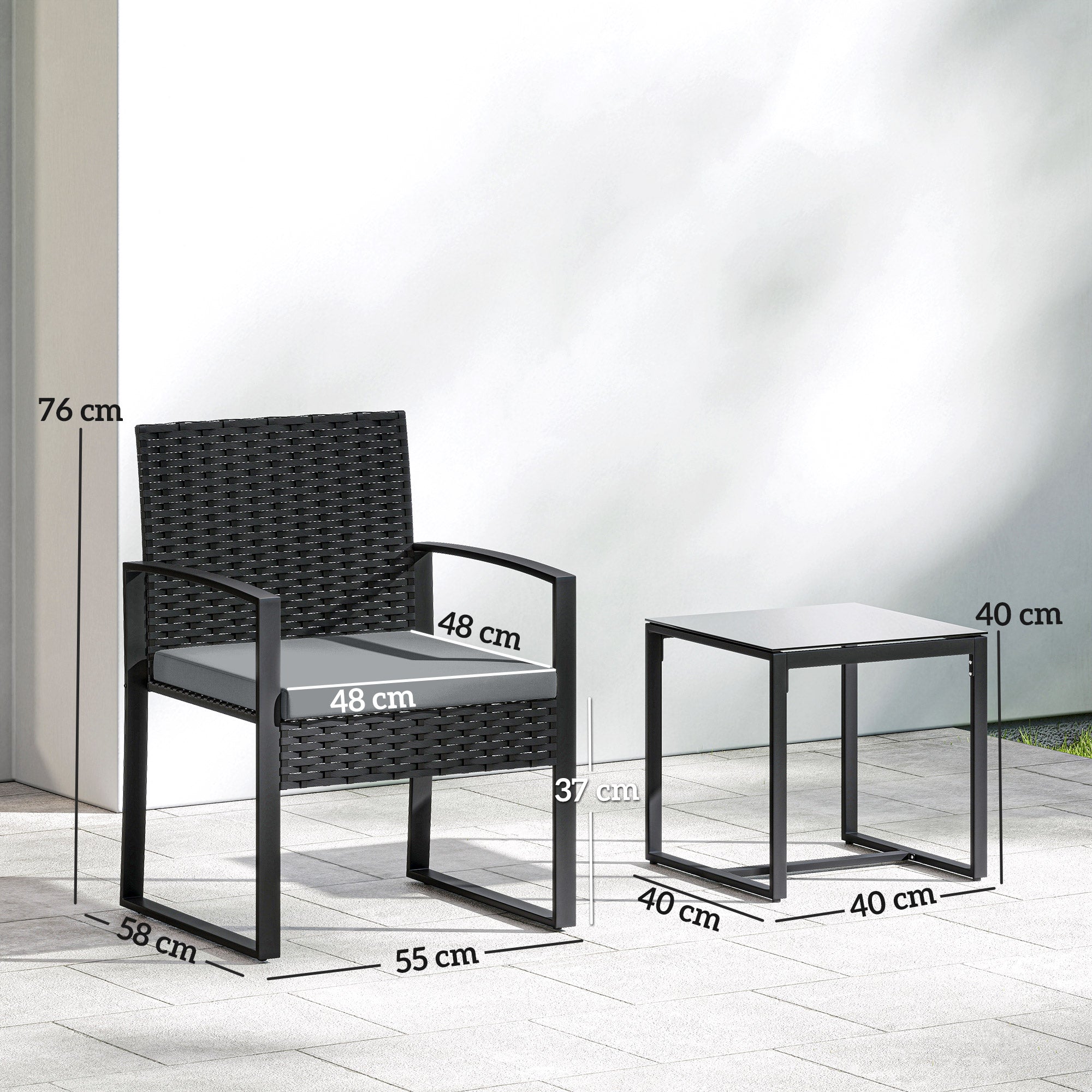 Outsunny Conjunto de Jardín Exterior de 3 Piezas, Muebles Jardín Exterior de Ratán con 2 Sillas con Cojines Lavables y Mesa de Vidrio Templado, Resistente a Intemperie, para Balcón, Patio, Gris Claro
