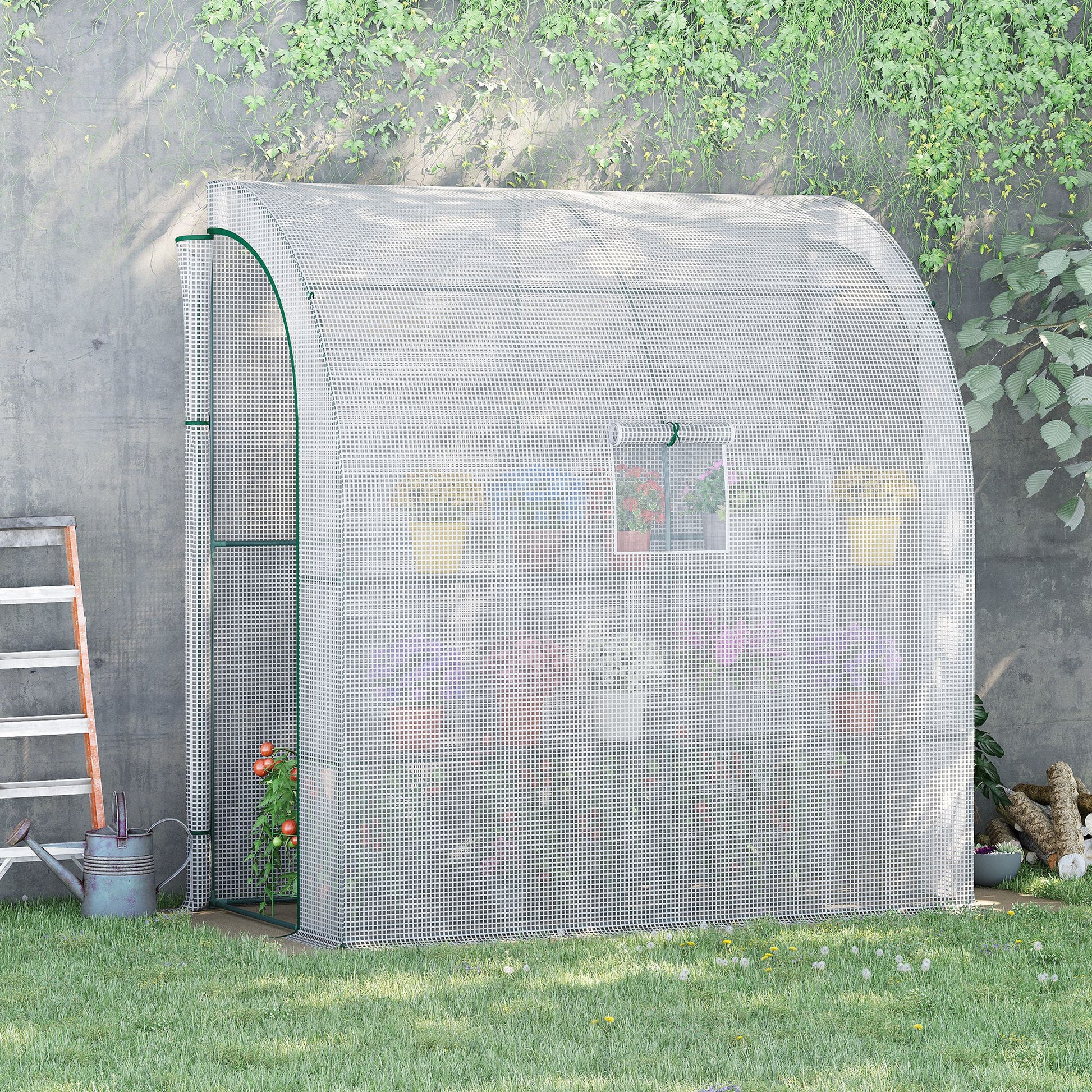 Outsunny Invernadero Pequeño de Pared Invernadero de Exterior con Ventanas Estantes de 3 Niveles y Marco de Acero Invernadero para Cultivar Plantas Flores 200x100x215 cm Blanco