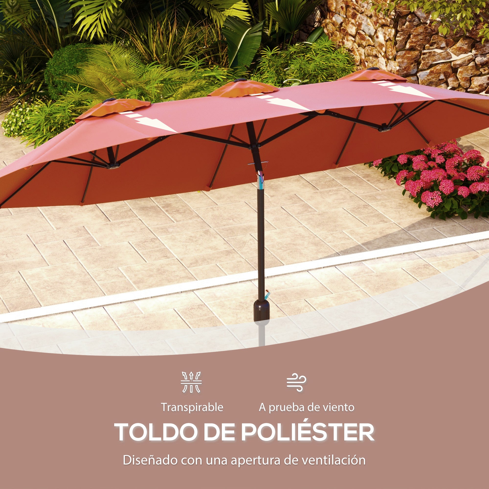 Outsunny Sombrilla Doble 2,95x1,52 m, Sombrilla Terraza Exterior con Inclinación 45°, Manivela Manual, Orificios de Ventilación, Impermeable, Parasol para Jardín, Terraza, Patio y Piscina, Rojo Vino