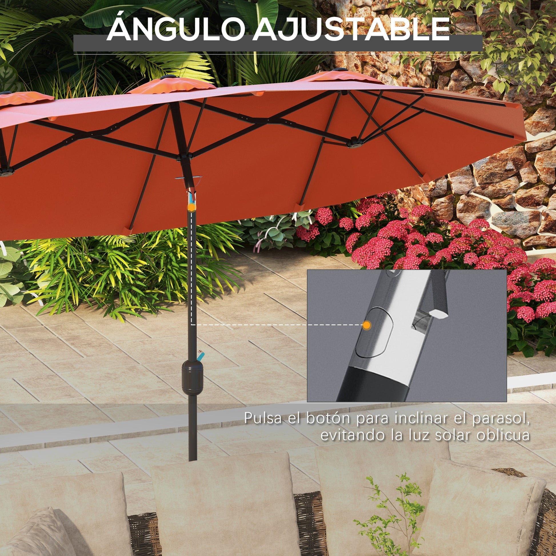 Outsunny Sombrilla Doble 2,95x1,52 m, Sombrilla Terraza Exterior con Inclinación 45°, Manivela Manual, Orificios de Ventilación, Impermeable, Parasol para Jardín, Terraza, Patio y Piscina, Rojo Vino