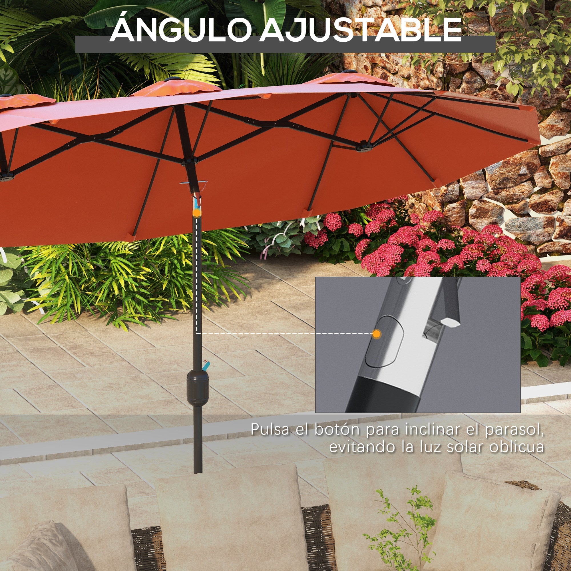 Outsunny Sombrilla Doble 2,95x1,52 m, Sombrilla Terraza Exterior con Inclinación 45°, Manivela Manual, Orificios de Ventilación, Impermeable, Parasol para Jardín, Terraza, Patio y Piscina, Rojo Vino