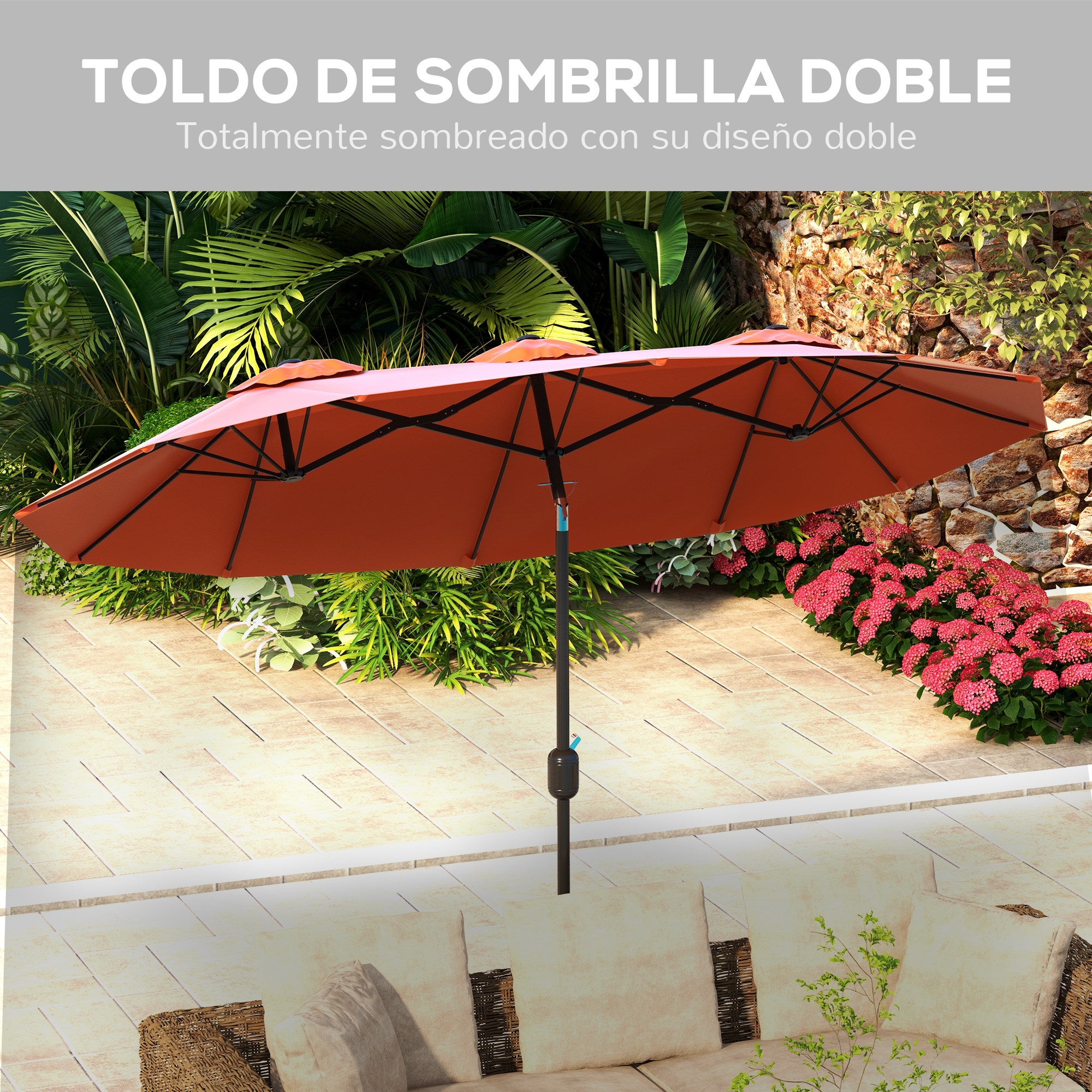 Outsunny Sombrilla Doble 2,95x1,52 m, Sombrilla Terraza Exterior con Inclinación 45°, Manivela Manual, Orificios de Ventilación, Impermeable, Parasol para Jardín, Terraza, Patio y Piscina, Rojo Vino
