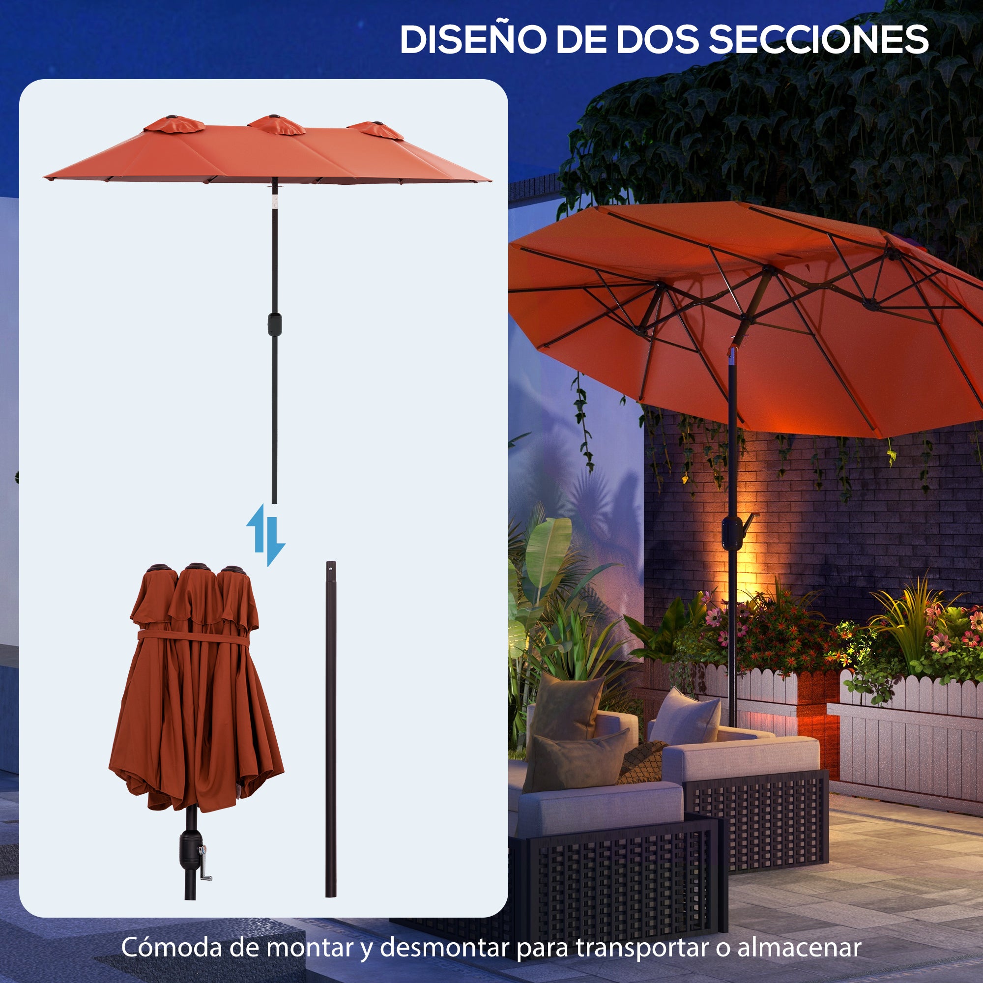 Outsunny Sombrilla Doble 2,95x1,52 m, Sombrilla Terraza Exterior con Inclinación 45°, Manivela Manual, Orificios de Ventilación, Impermeable, Parasol para Jardín, Terraza, Patio y Piscina, Rojo Vino
