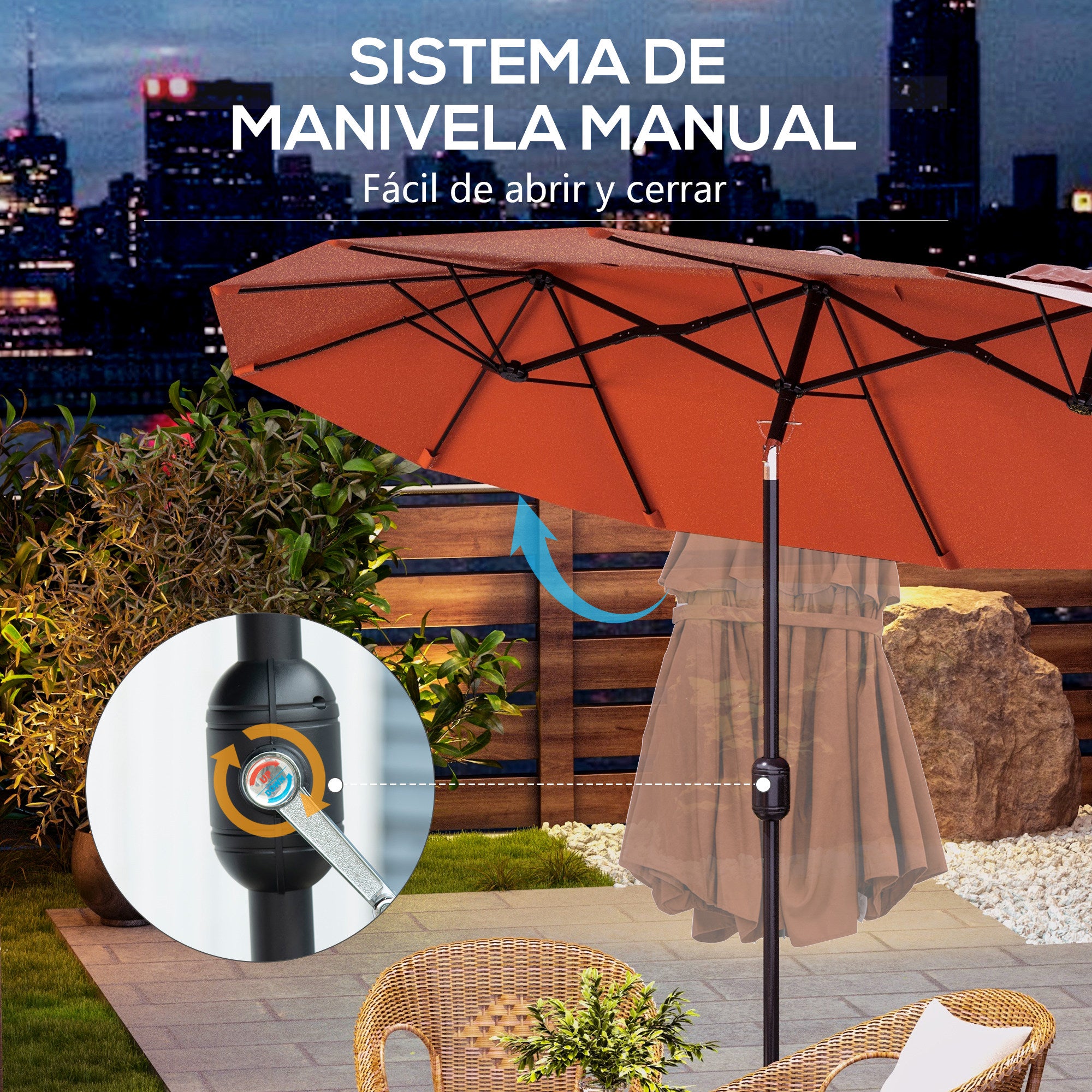 Outsunny Sombrilla Doble 2,95x1,52 m, Sombrilla Terraza Exterior con Inclinación 45°, Manivela Manual, Orificios de Ventilación, Impermeable, Parasol para Jardín, Terraza, Patio y Piscina, Rojo Vino