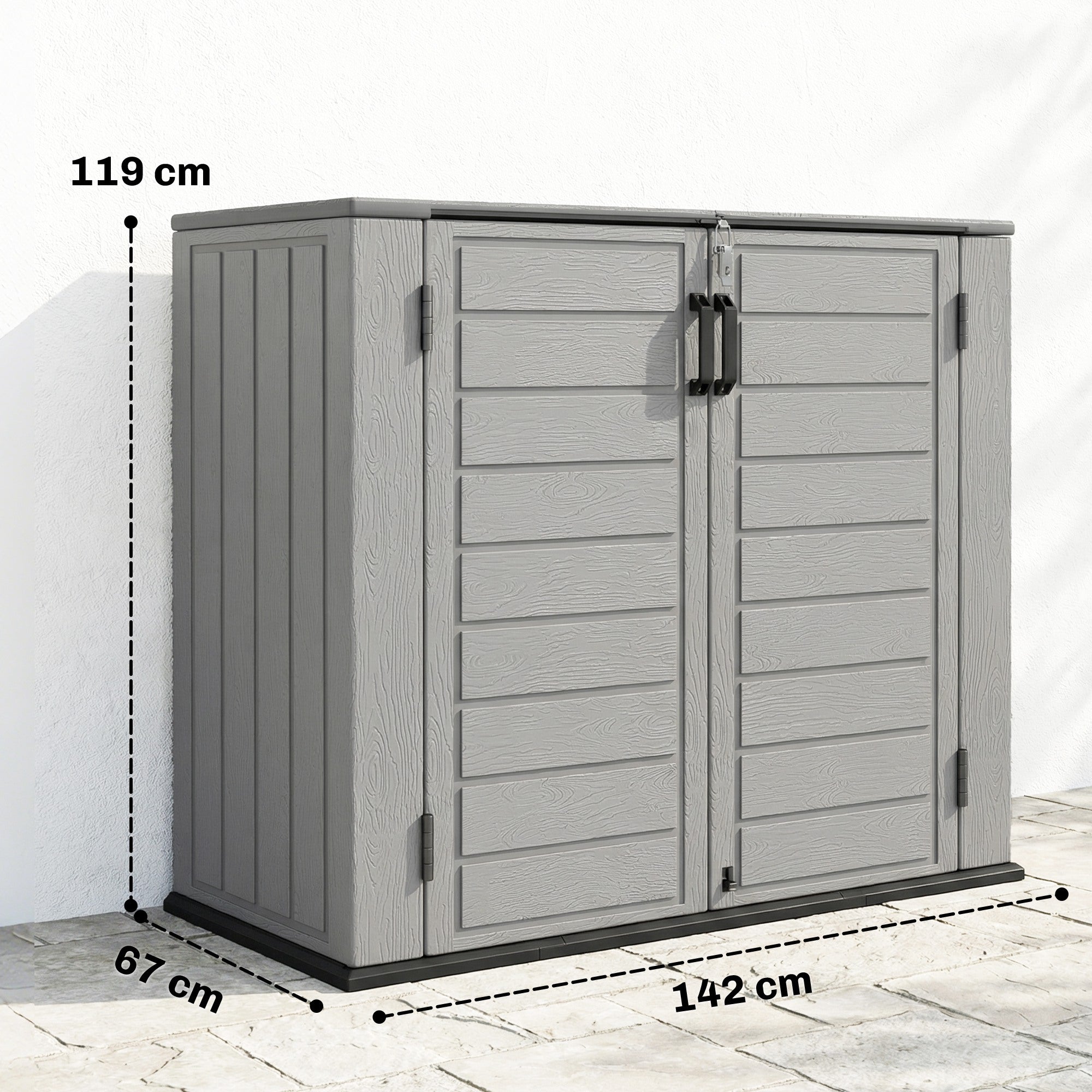 Outsunny Armario de Exterior de HDPE, 940L, Caseta de Jardín Exterior con Tapa Abatible, 2 Puertas, Cerradura, Cobertizo de Jardín para Almacenaje Herramientas, 142x67x119 cm, Gris Claro