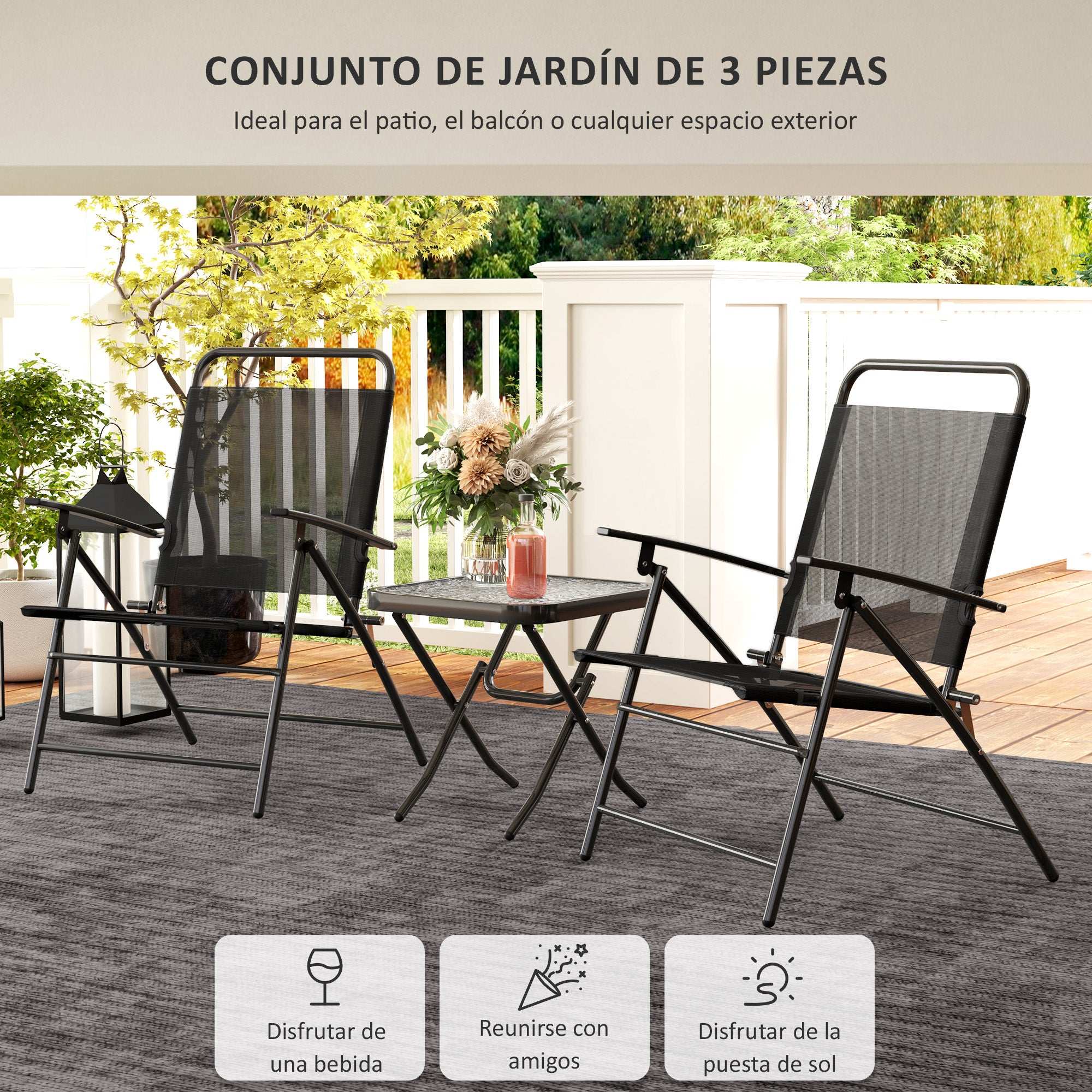 Outsunny Conjunto de Mesa y Sillas de Terraza Exterior de 3 Piezas Muebles de Jardín Exterior Plegables con Respaldo Regulable Tablero de Vidrio y Estructura de Acero Negro
